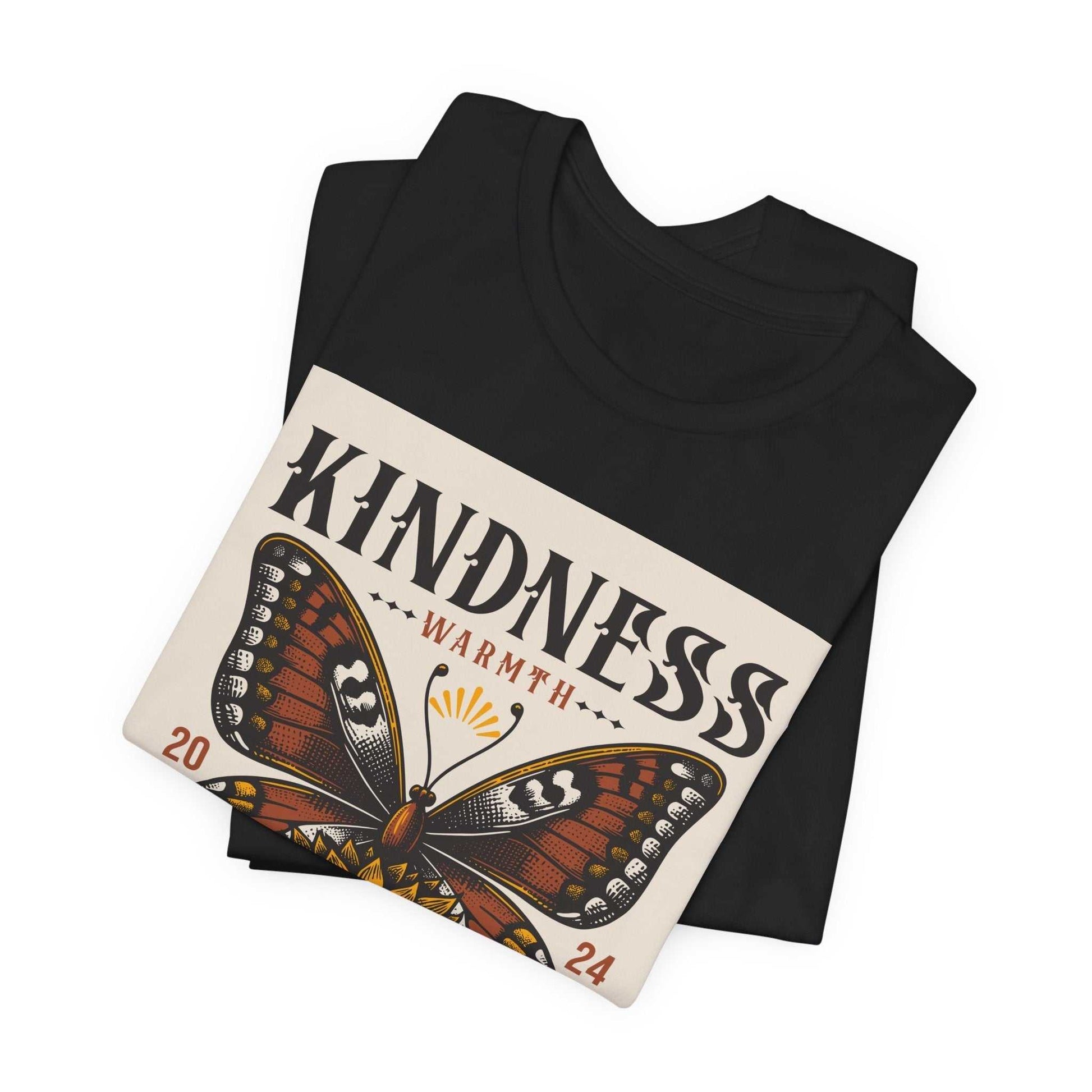 Black Kindness Butterfly Tee with vintage butterfly and warmth text design