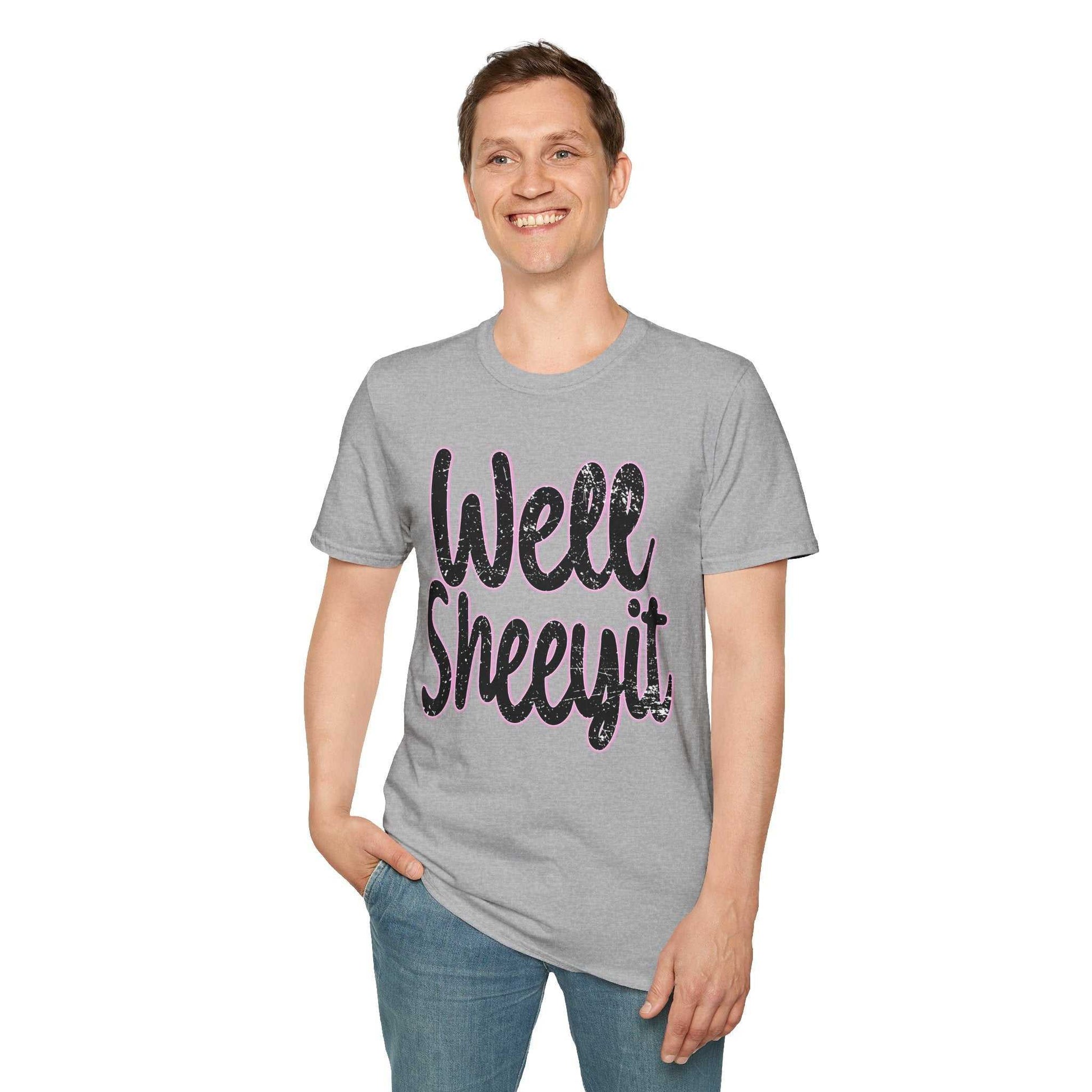 Man wearing gray casual statement tee with "Well Sheeyit" funny quote, paired with jeans