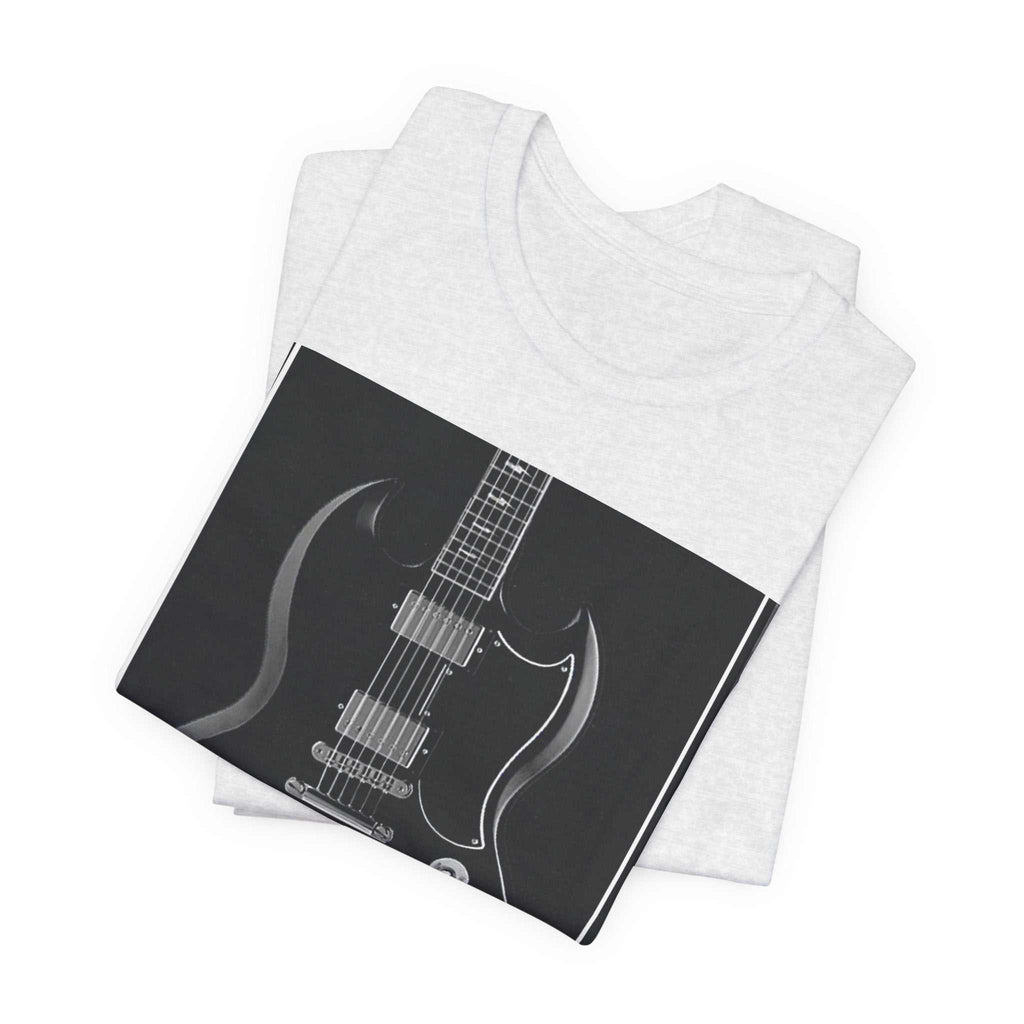 Folded white unisex jersey short sleeve tee with black and white rock guitar graphic print