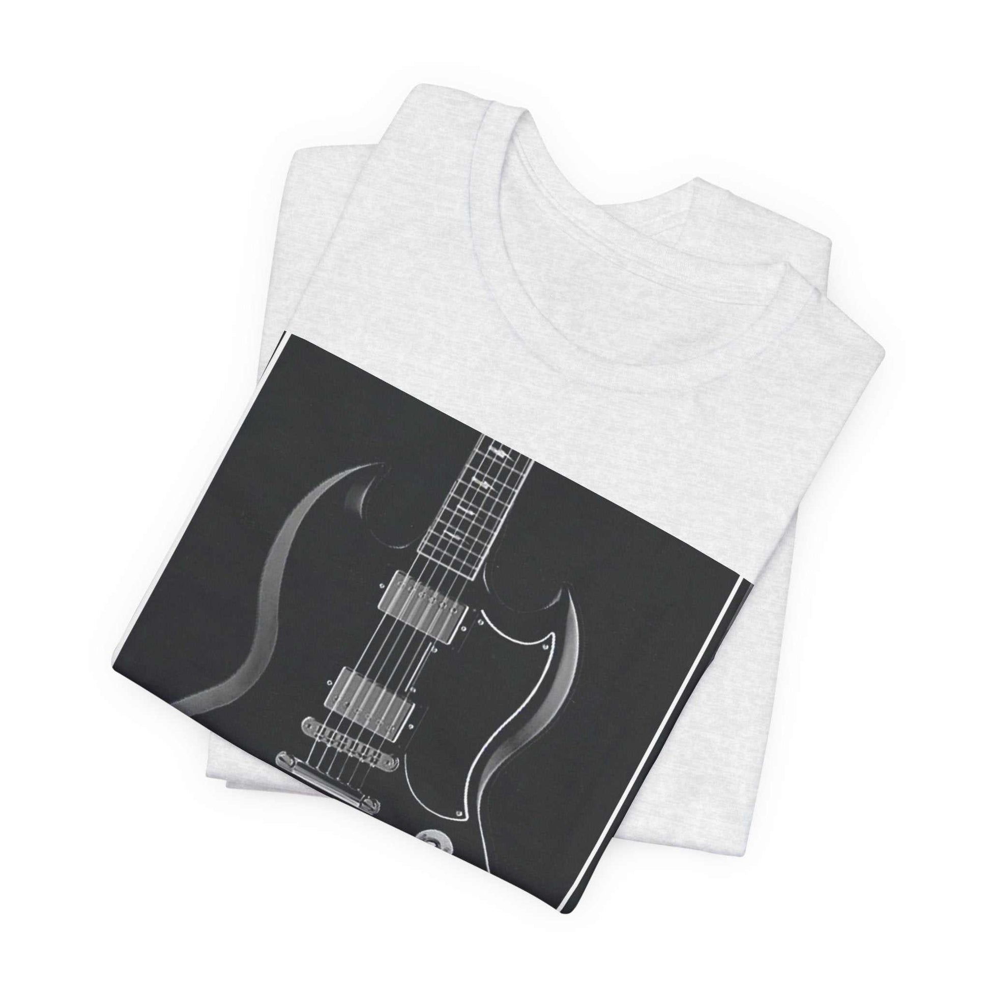 Folded white unisex jersey short sleeve tee with black and white rock guitar graphic print
