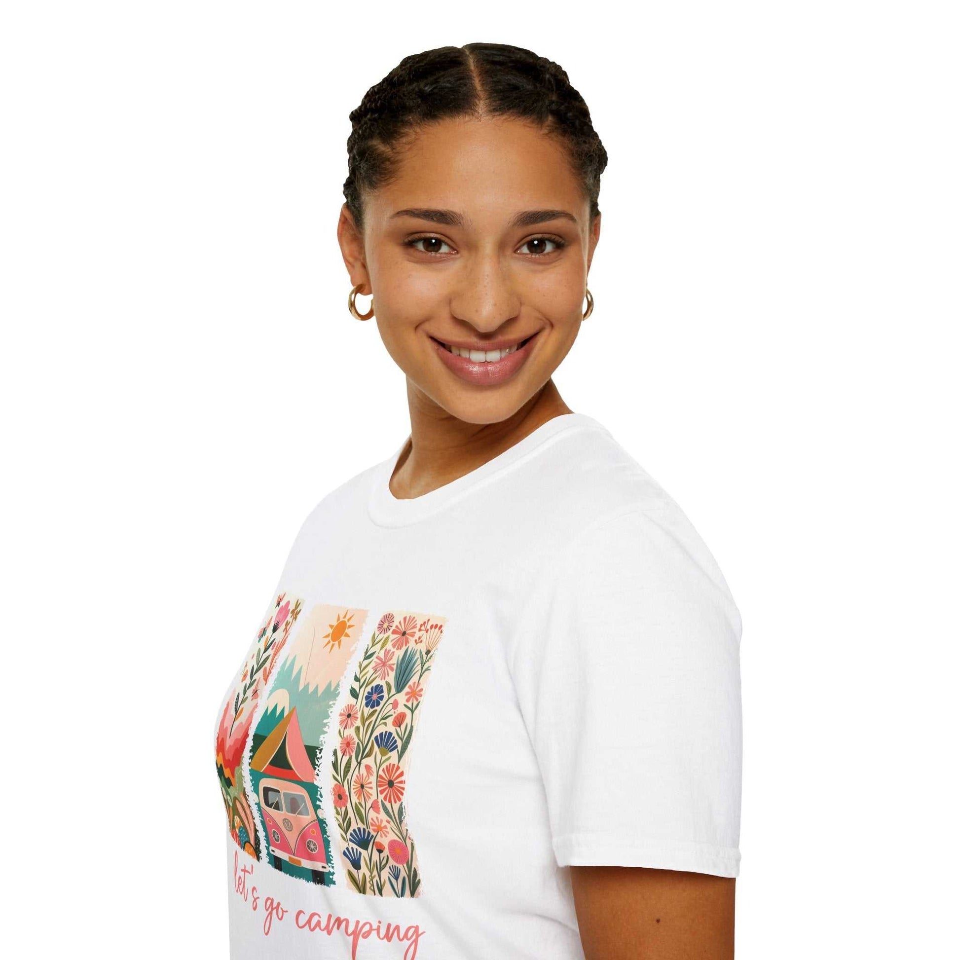 Unisex white softstyle t-shirt with colorful camping adventure graphic and floral design