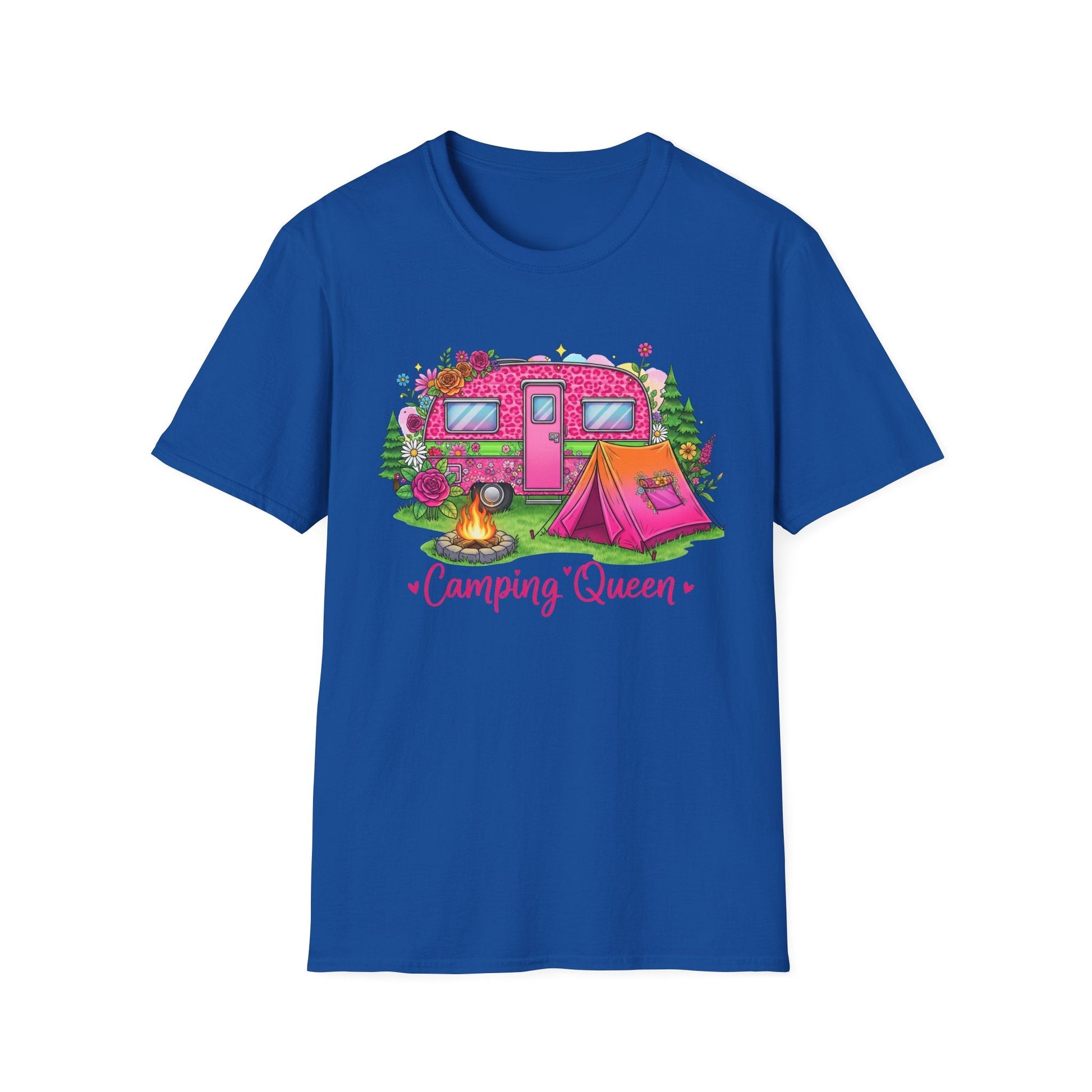 Blue Camping Queen T-Shirt with pink camper, tent, campfire, and floral design