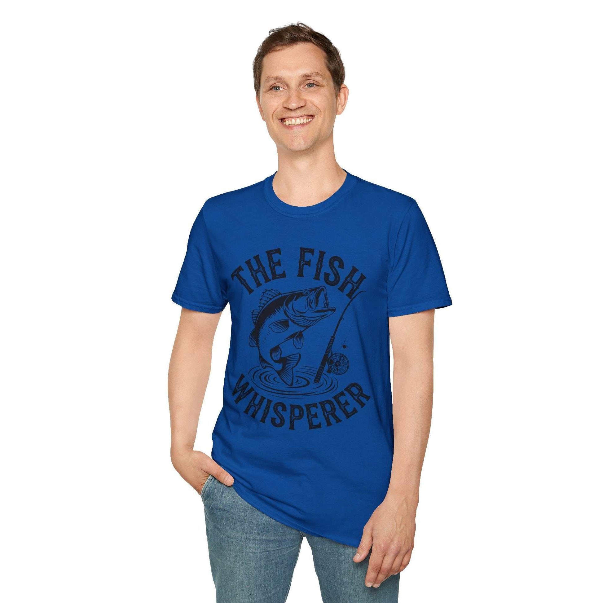 Unisex blue t-shirt with "The Fish Whisperer" graphic and fishing design, soft cotton fabric, casual fit.