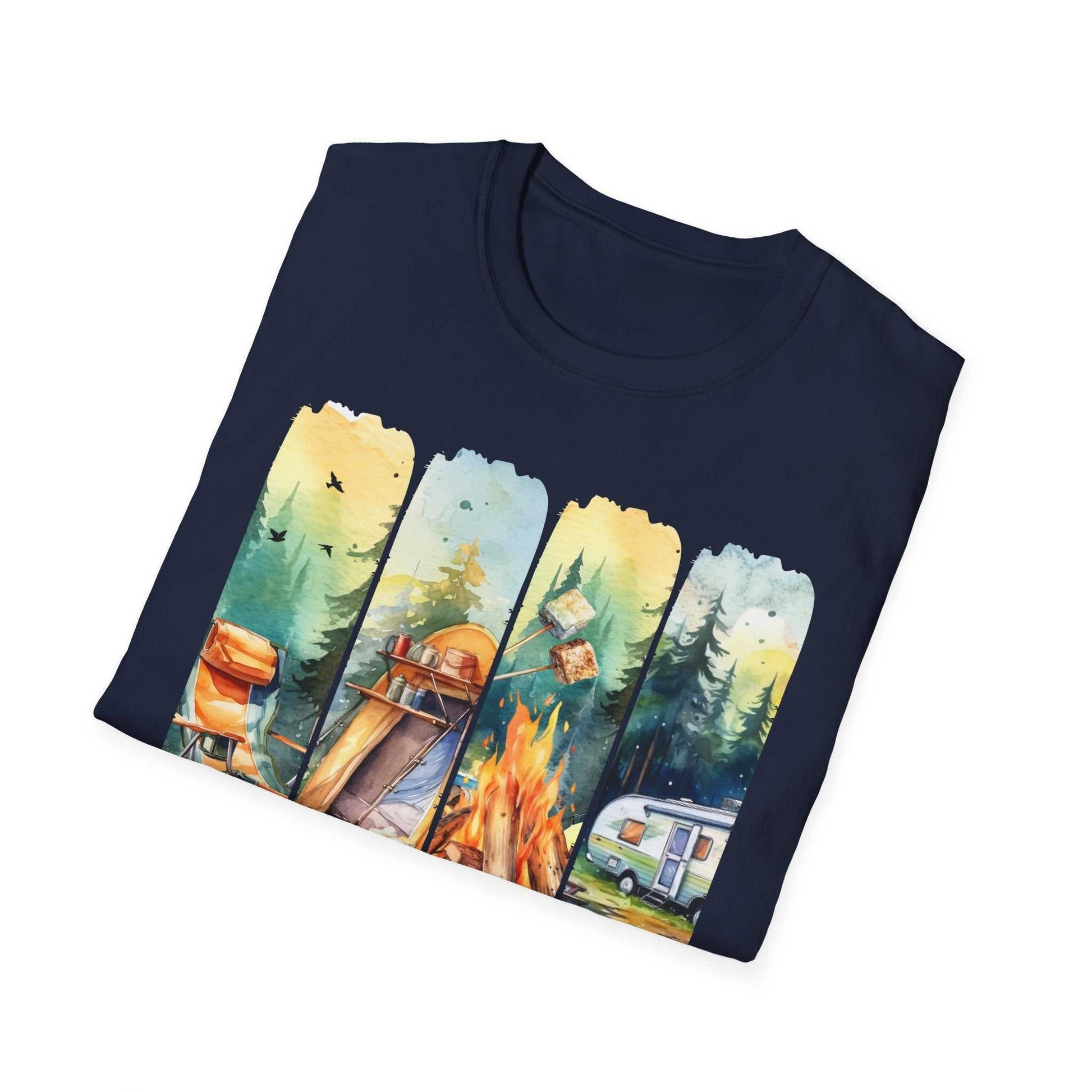 Camping Adventure Unisex T-Shirt featuring a colorful camping scene with tent, campfire, forest, and caravan on navy blue cotton fabric