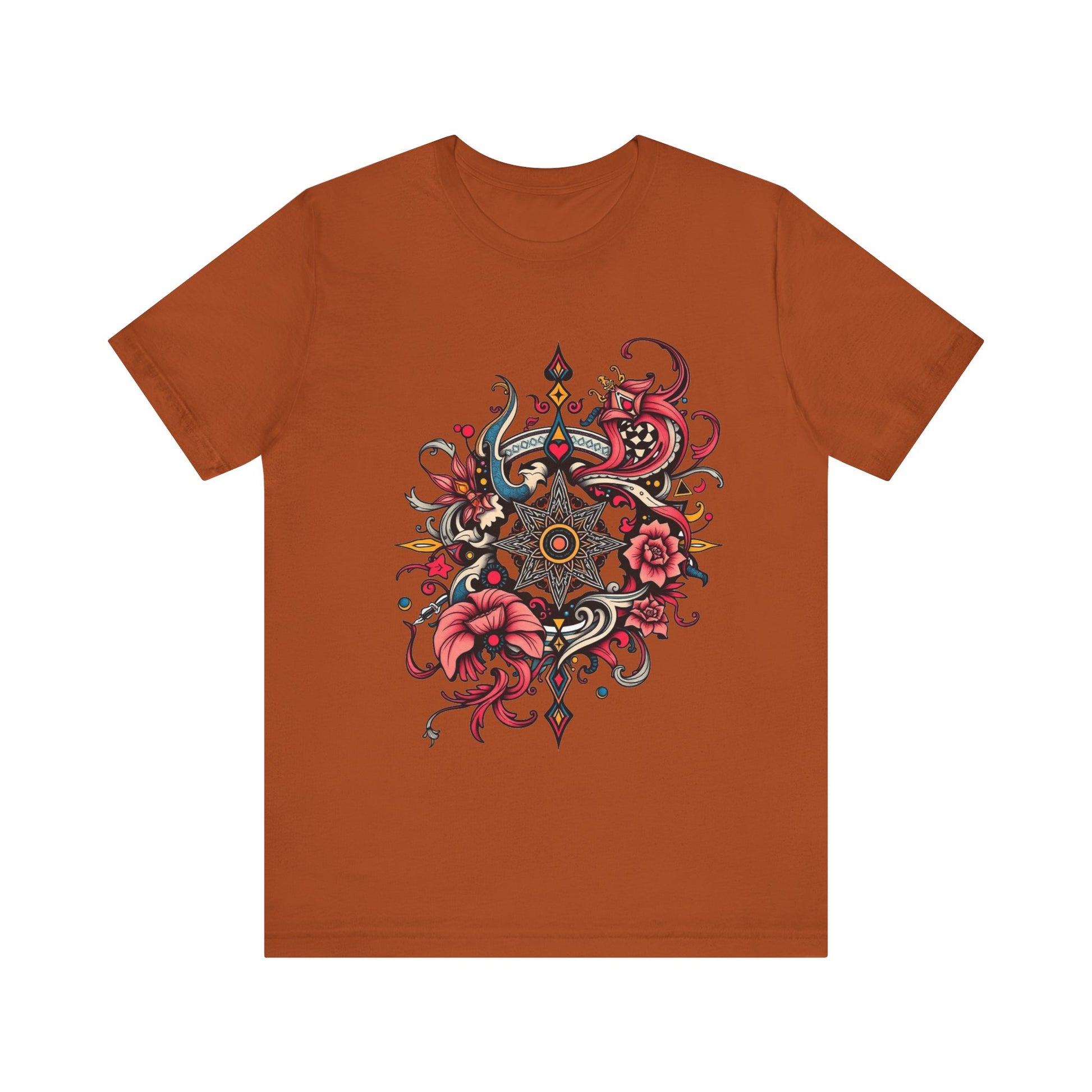 Vibrant tee with ornate red floral mandala design, offered in multiple bold color options