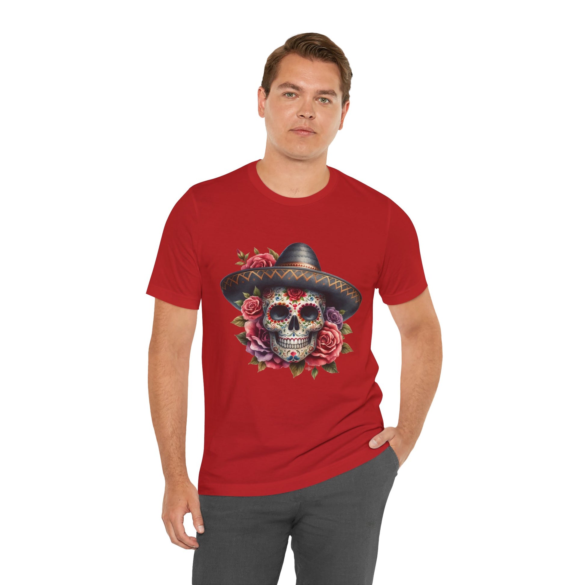 Colorful tee featuring a sugar skull in sombrero and roses for vibrant fiesta vibes