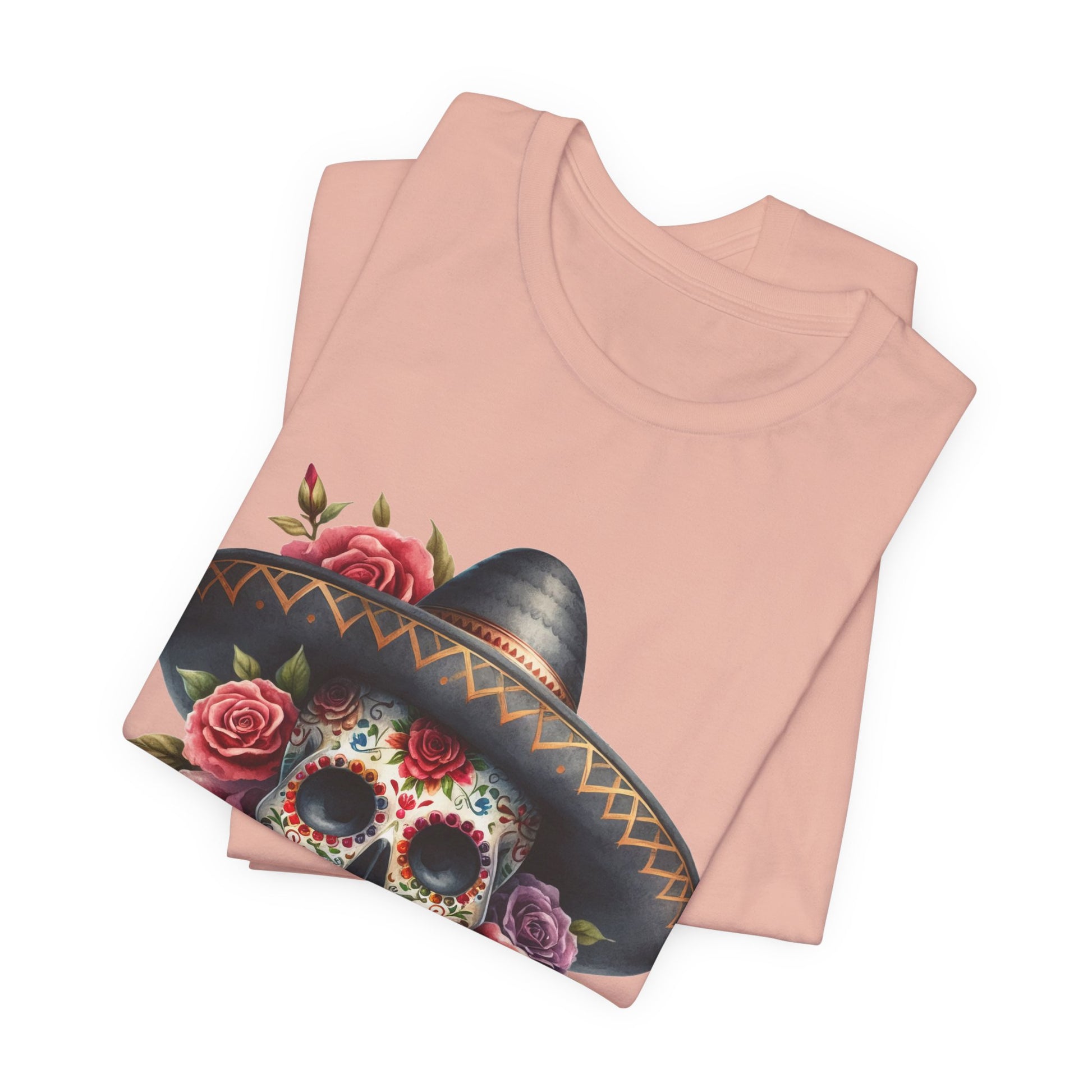 Colorful tee featuring a sugar skull in sombrero and roses for vibrant fiesta vibes