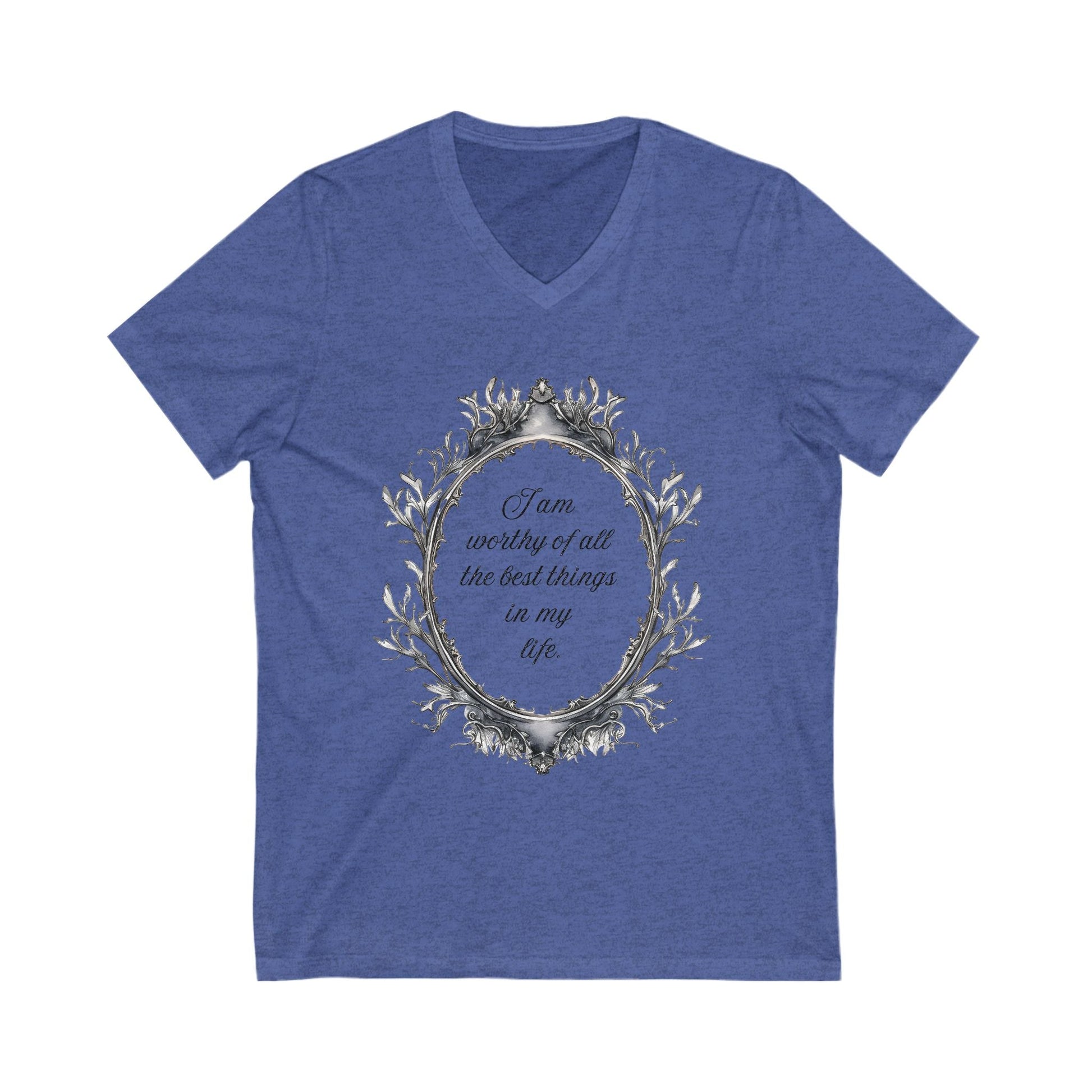 Blue Positive Affirmation V-Neck Tee with uplifting message "I am worthy of all the best things in my life" inside decorative frame, made of lightweight cotton.