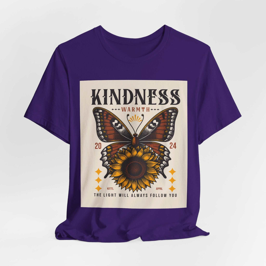 Purple Kindness Butterfly Tee with sunflower and butterfly graphic and positive message design