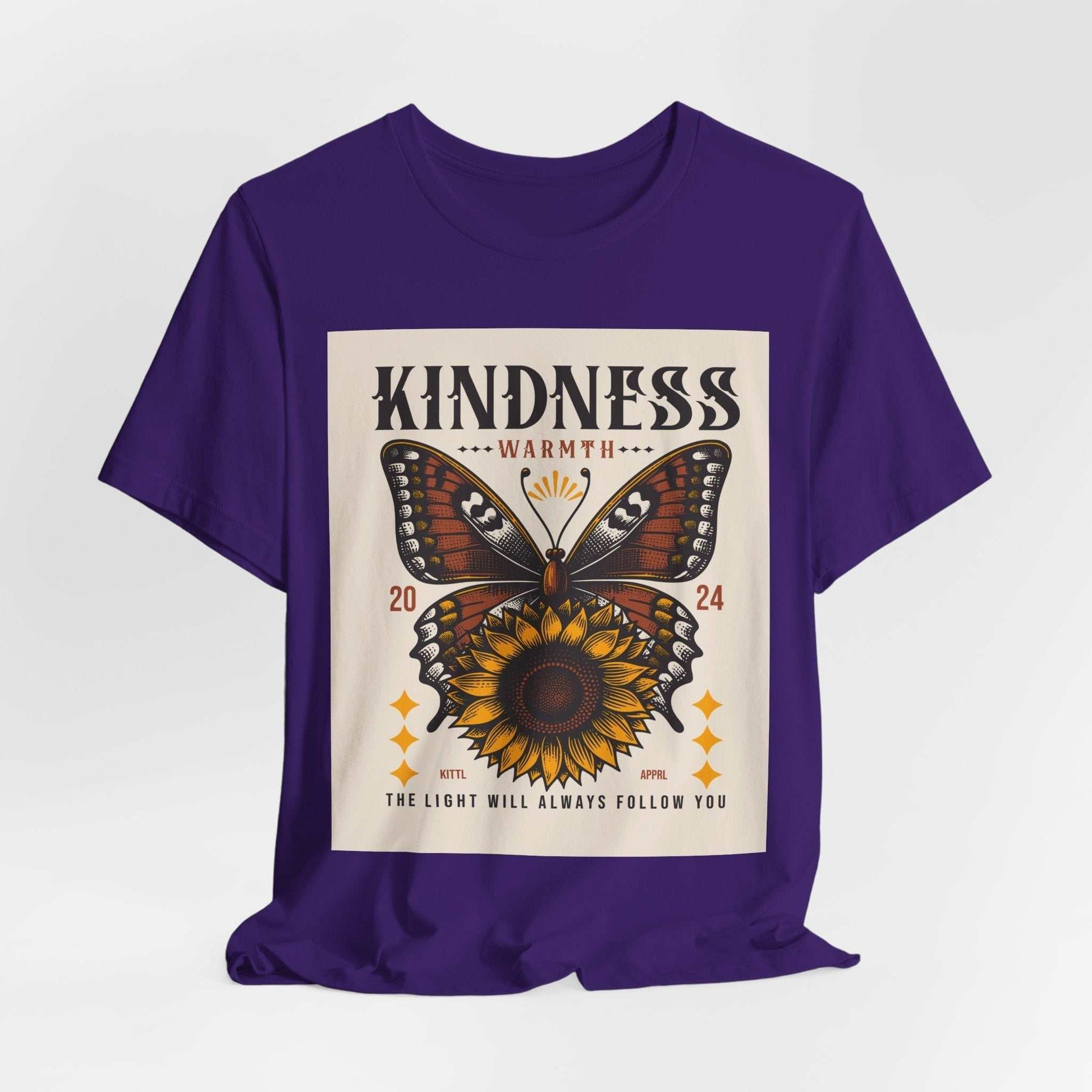 Purple Kindness Butterfly Tee with sunflower and butterfly graphic and positive message design