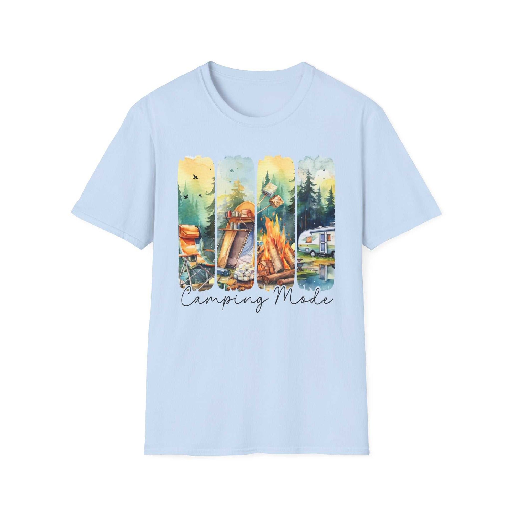 Light blue unisex t-shirt with camping-themed graphic and "Camping Mode" text.