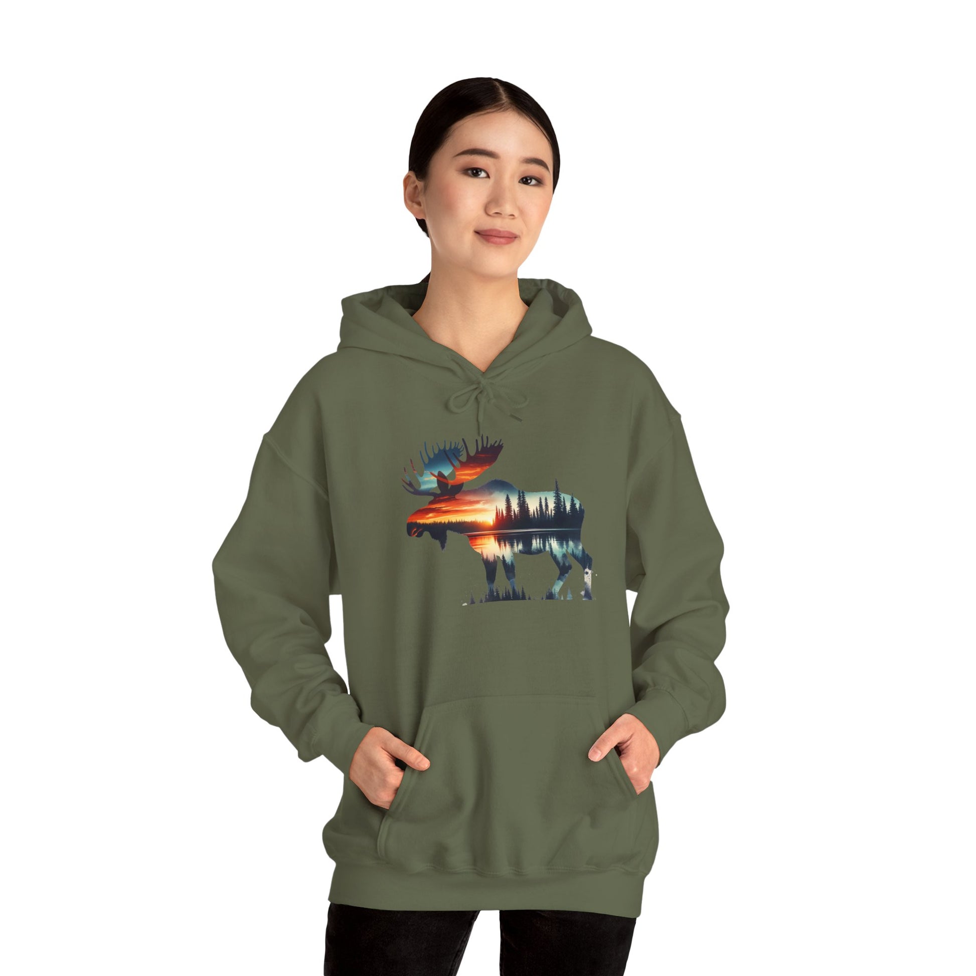 Sunset Wilderness Moose Hoodie – Nature’s Silhouette Adventure Wear
