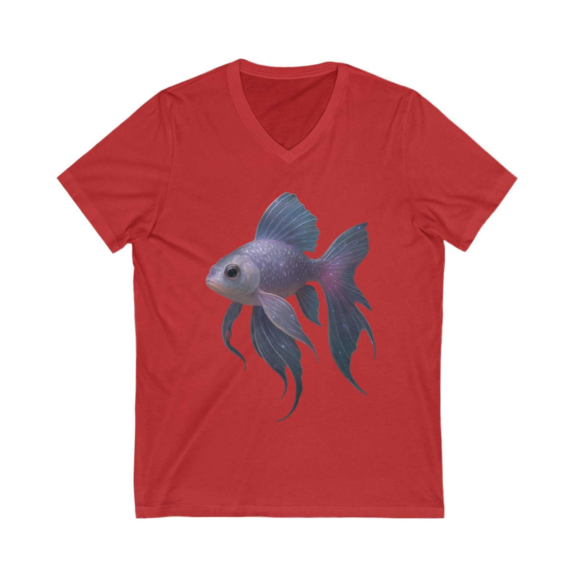 Red V-neck tee with magical purple blue fish graphic on front