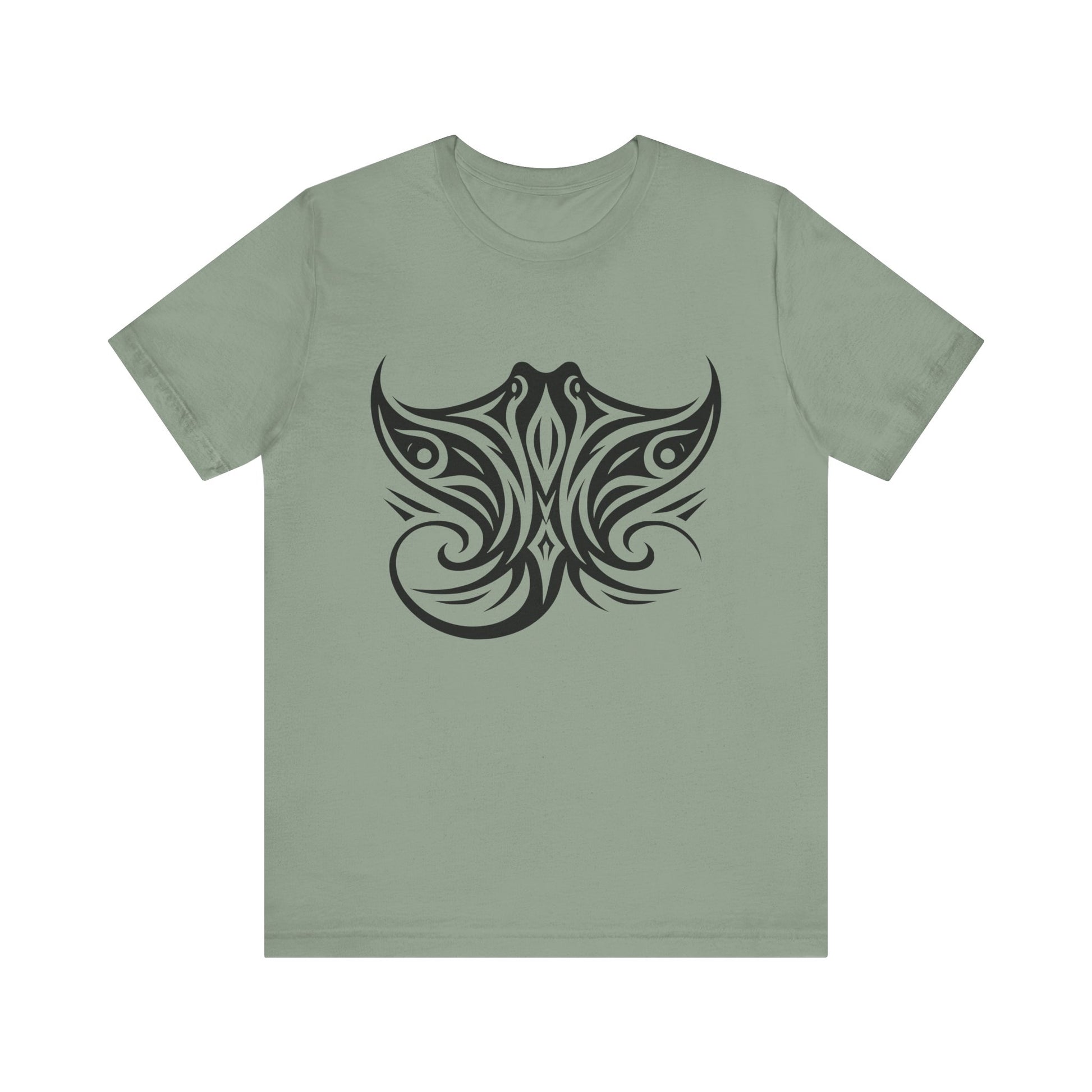 Tribal Manta Ray Tee – Bold Ocean Spirit Art on Sand-Colored Shirt
