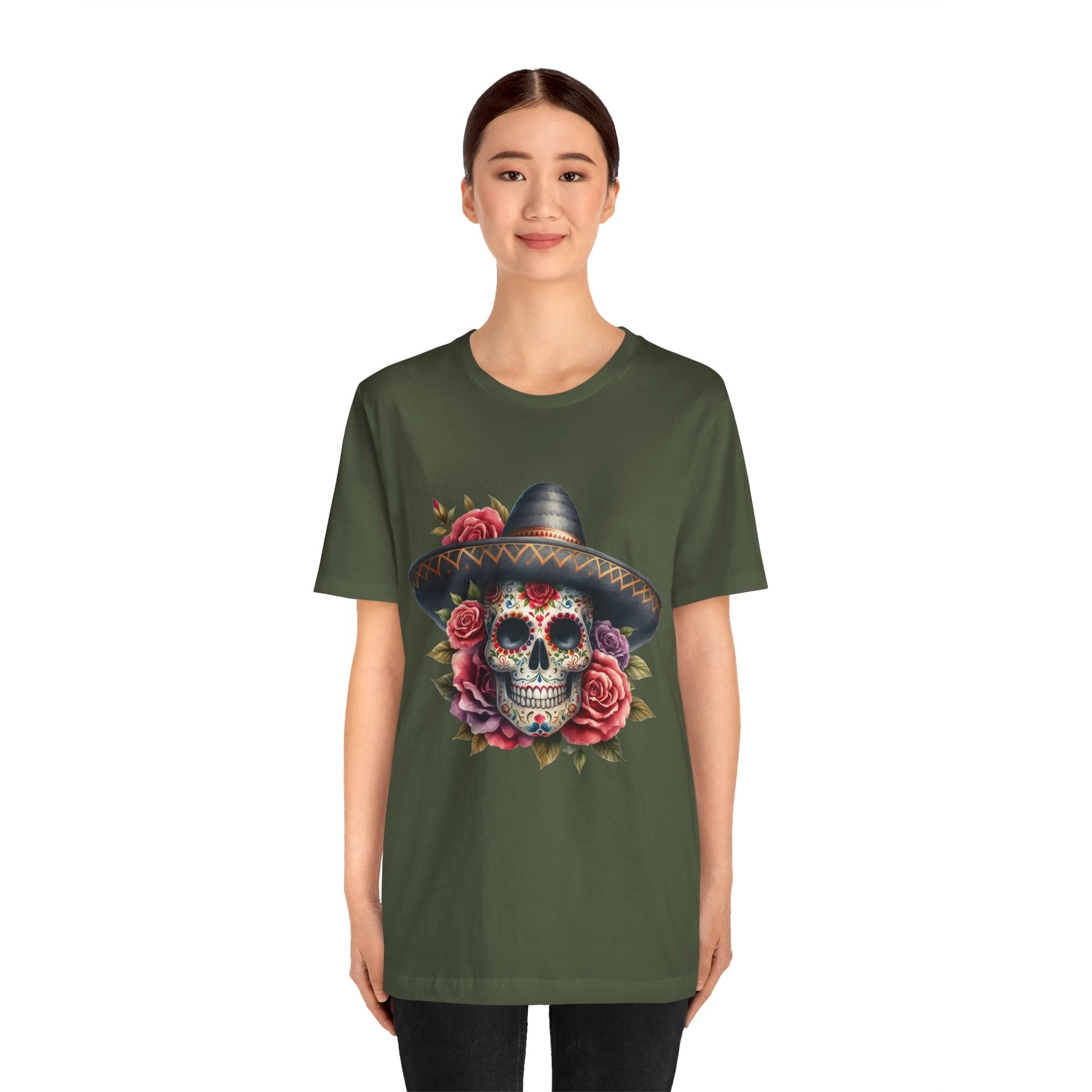 Colorful tee featuring a sugar skull in sombrero and roses for vibrant fiesta vibes