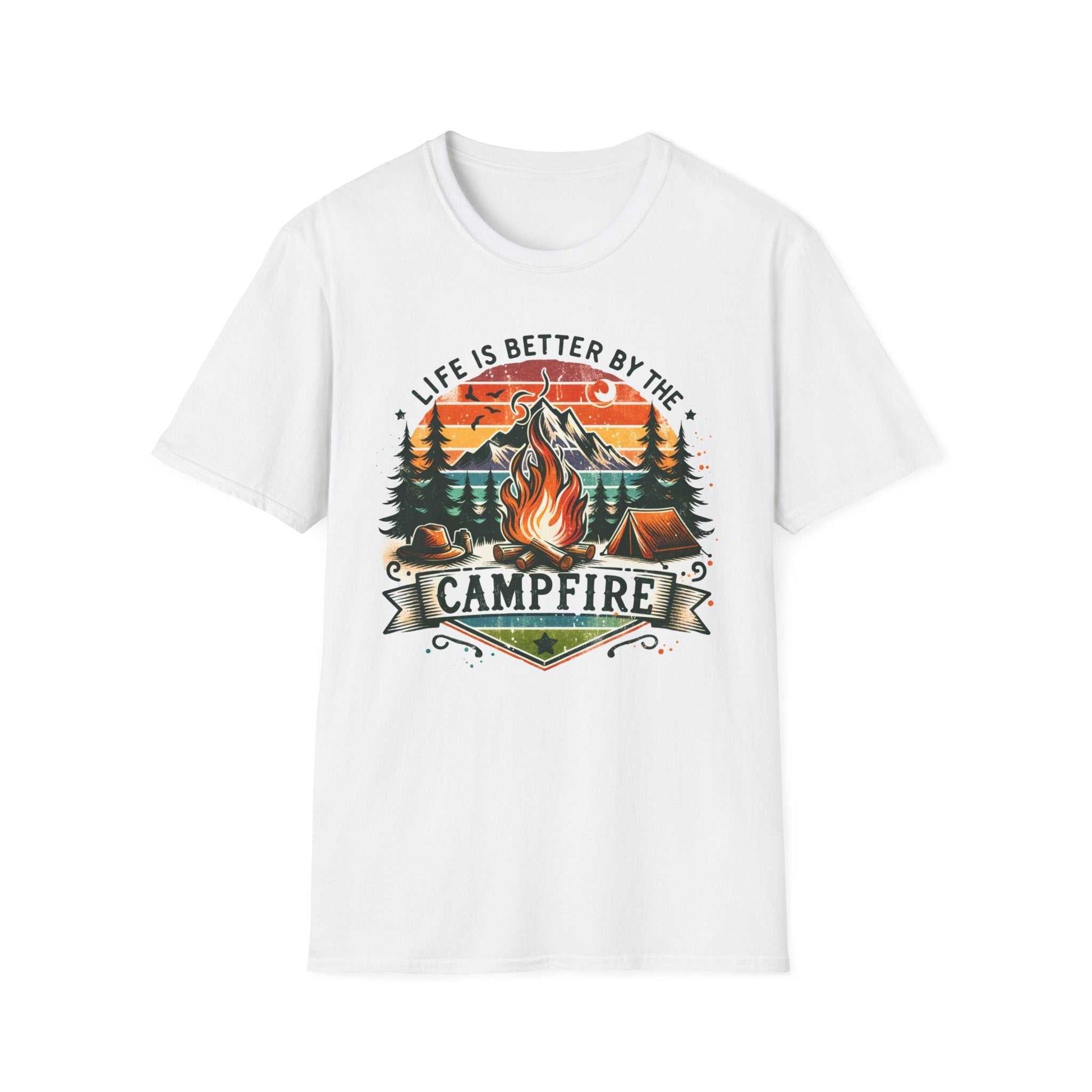 White unisex t-shirt with colorful campfire design and "Life is Better by the Campfire" text.