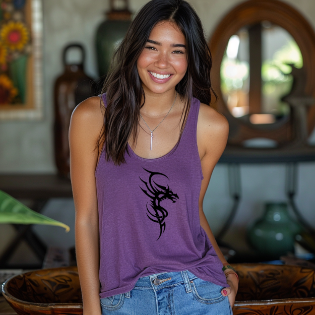 Racerback tank with a fierce black tribal dragon for bold, edgy style