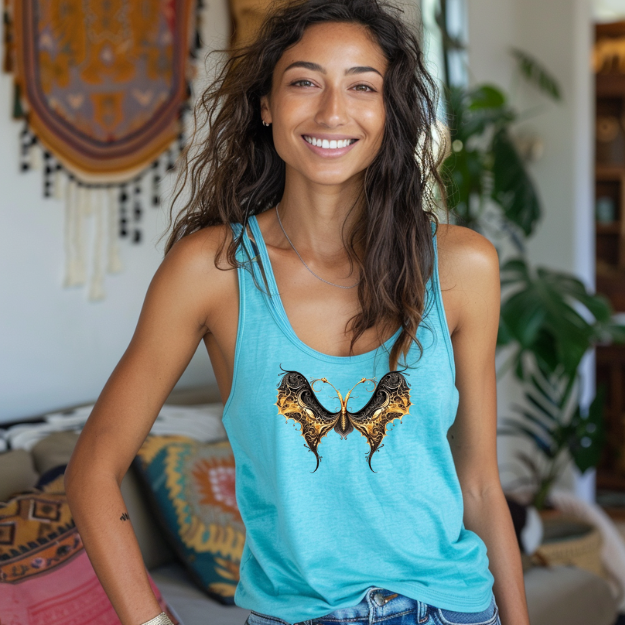 Racerback tank with an elegant black and gold butterfly for chic, artistic flair