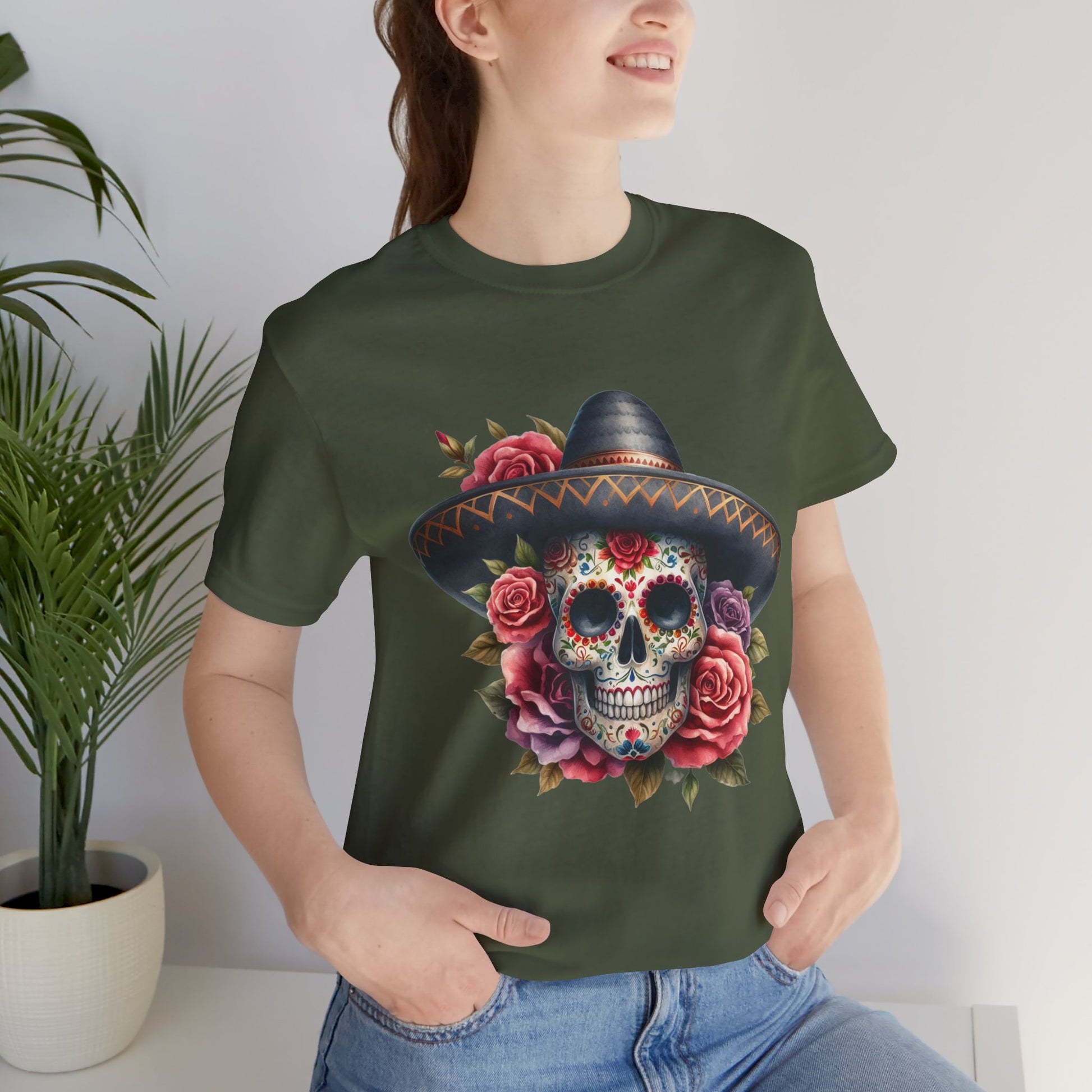 Colorful tee featuring a sugar skull in sombrero and roses for vibrant fiesta vibes