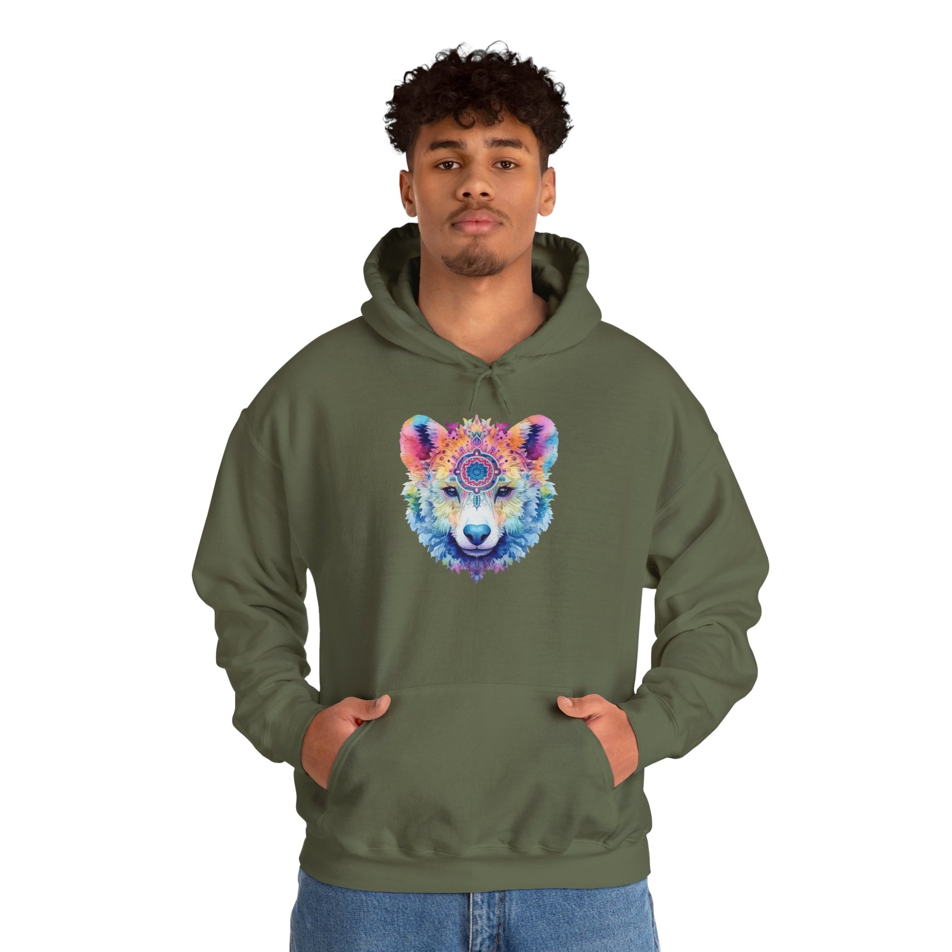 Mandala Bear Hoodie – Vibrant Watercolor Animal Art Sweatshirt for Bold, Free-Spirited Souls