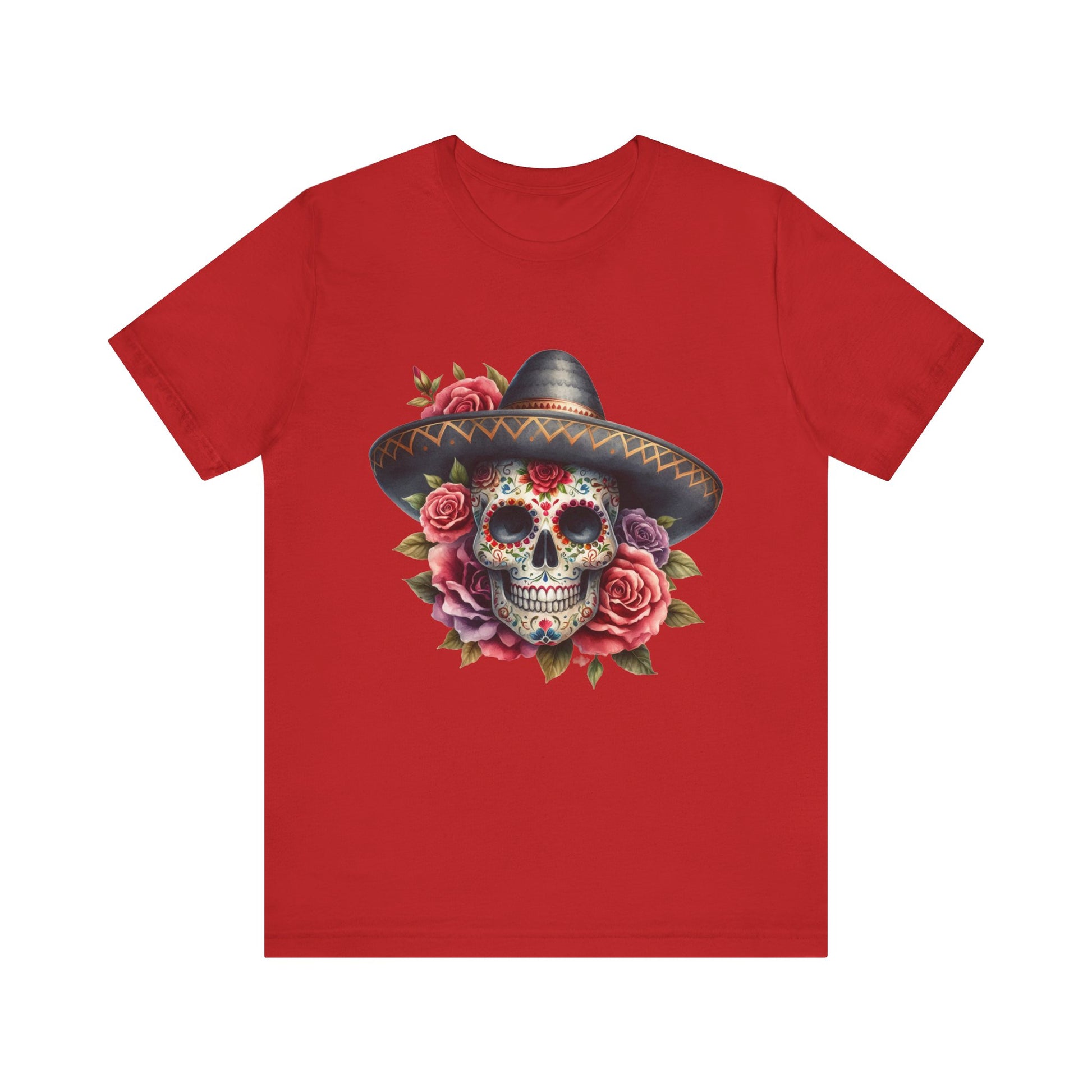 Colorful tee featuring a sugar skull in sombrero and roses for vibrant fiesta vibes
