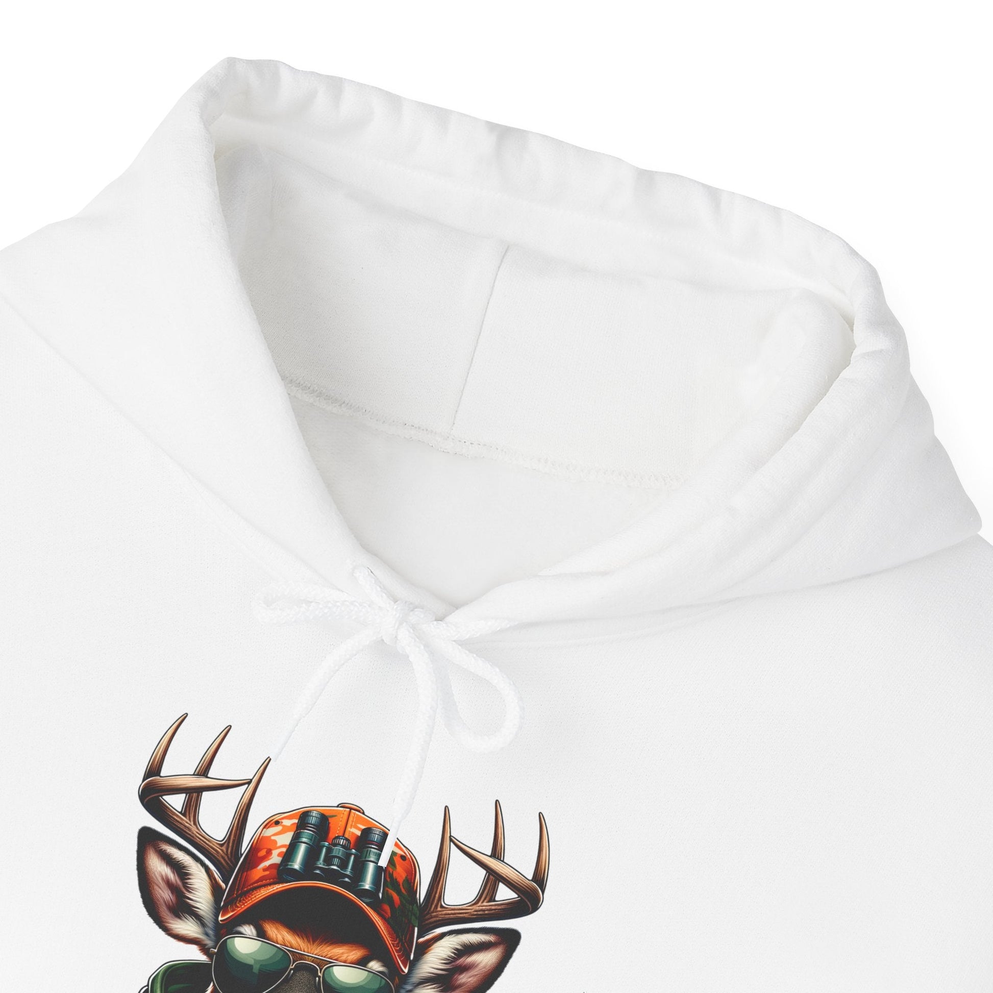 White hooded sweatshirt with bold deer head design wearing an orange camo cap and binoculars on the front.