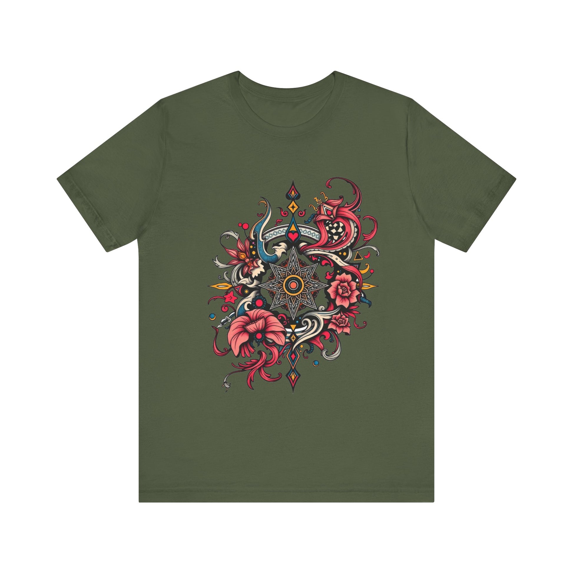 Vibrant tee with ornate red floral mandala design, offered in multiple bold color options