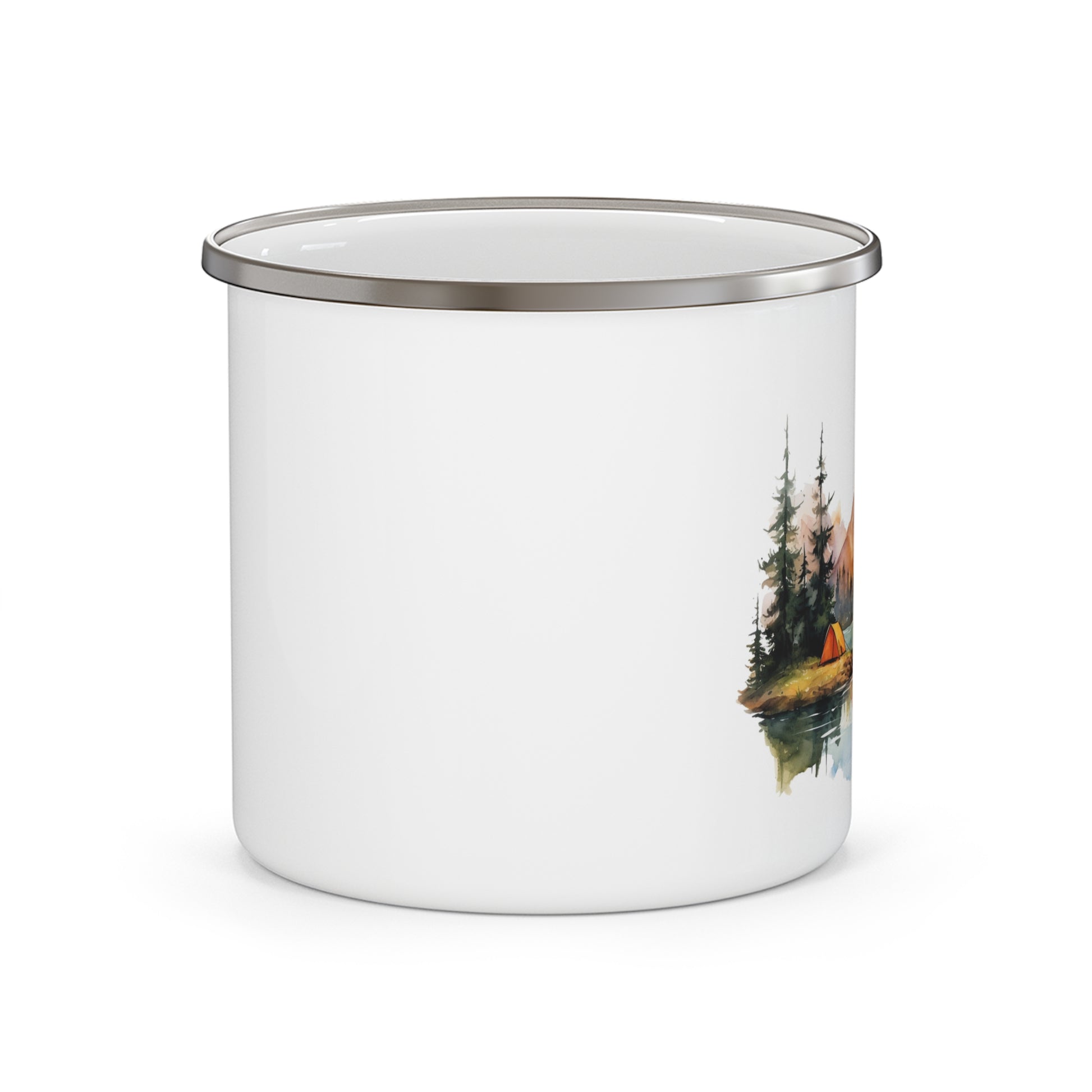 Mountain Sunrise Camping Enamel Mug with Scenic Lake Reflection