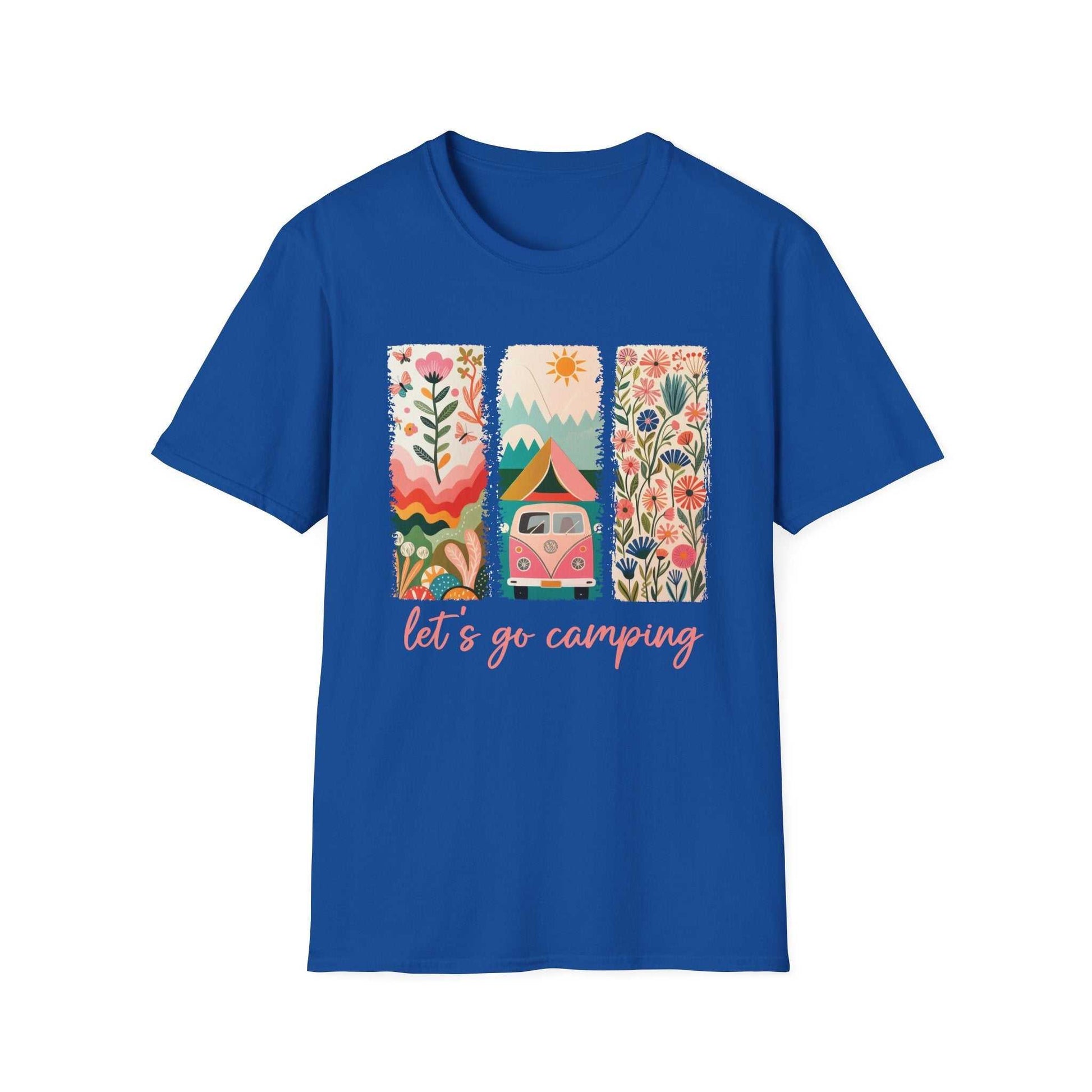 Blue unisex softstyle t-shirt with colorful camping adventure design and "let's go camping" text.
