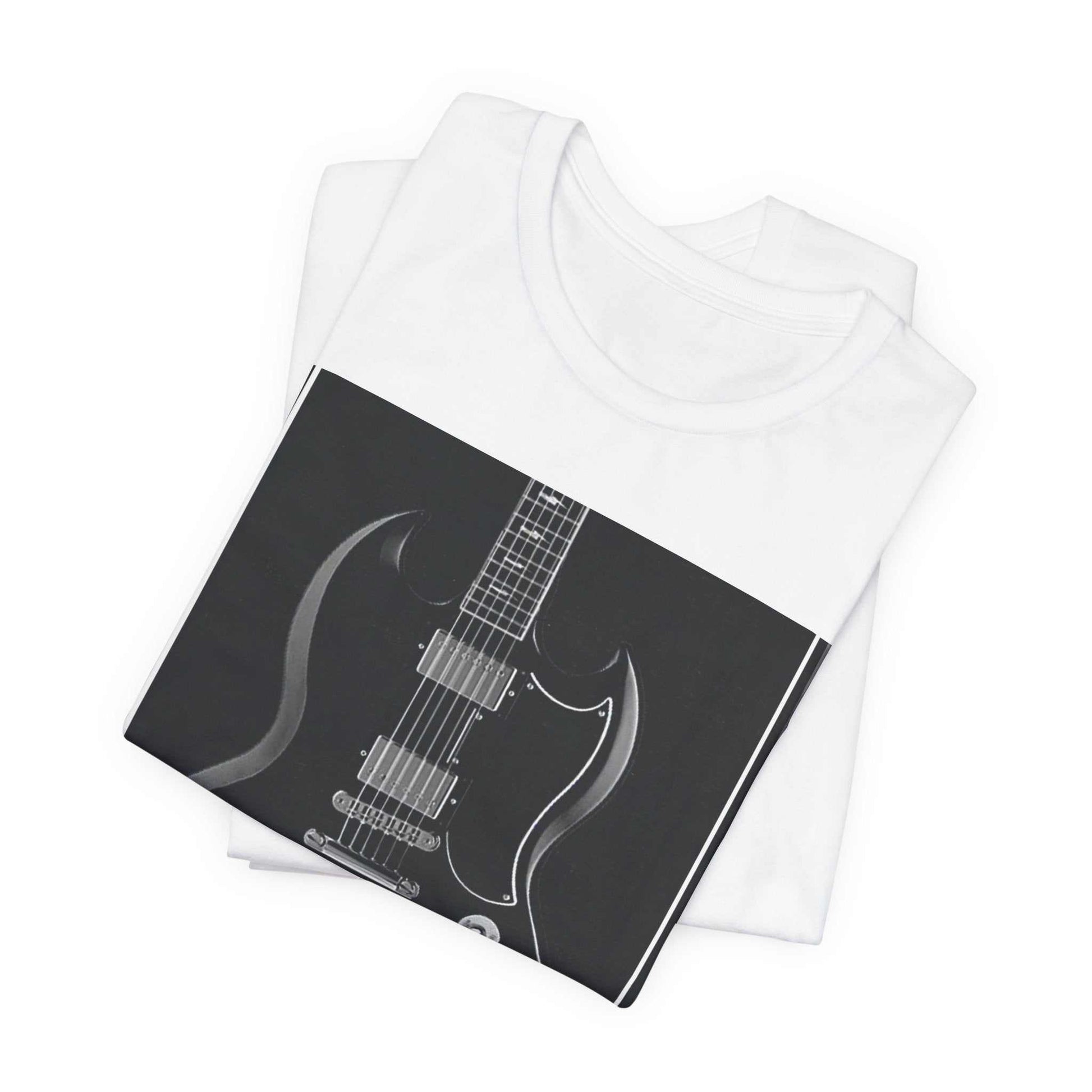 White unisex short sleeve tee with black and white rock guitar graphic print on front