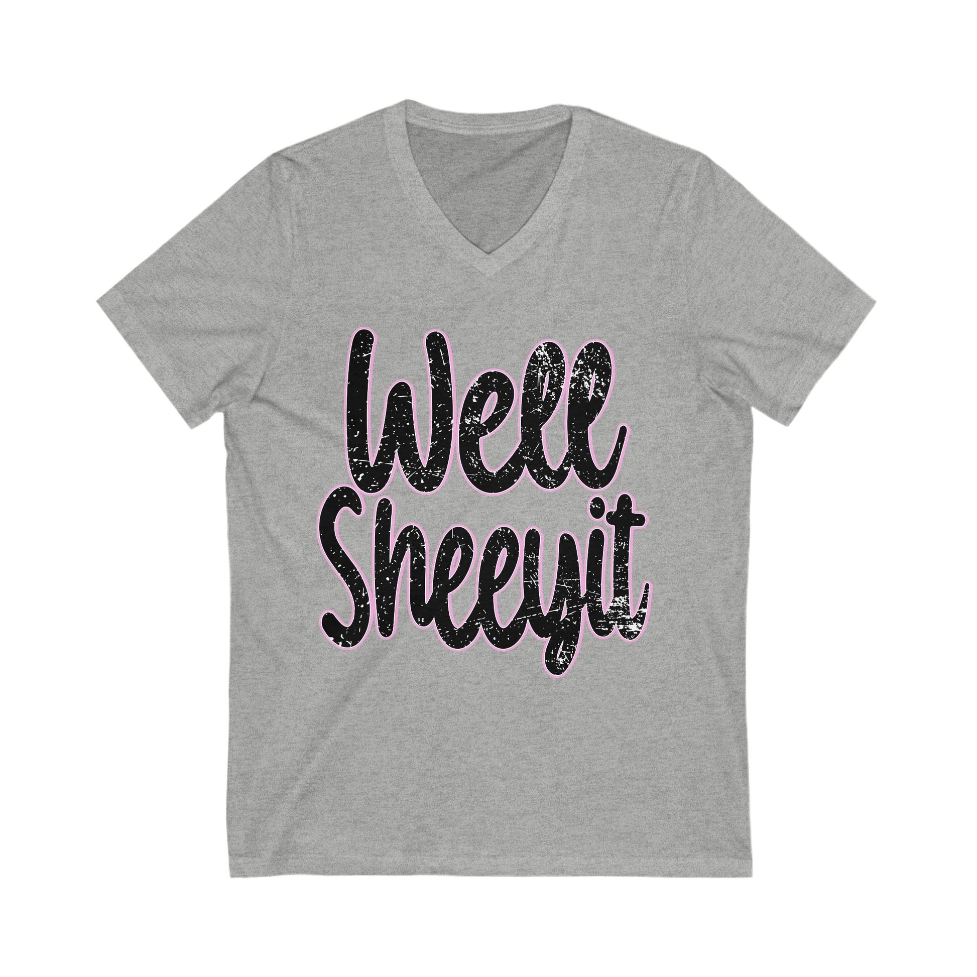 Grey Well Sheeyit V-neck unisex cotton t-shirt with black distressed text design