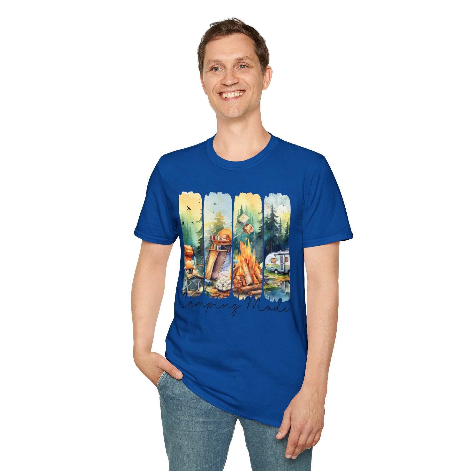 Blue Camping Adventure Unisex T-Shirt with outdoor camping-themed graphic worn by smiling man