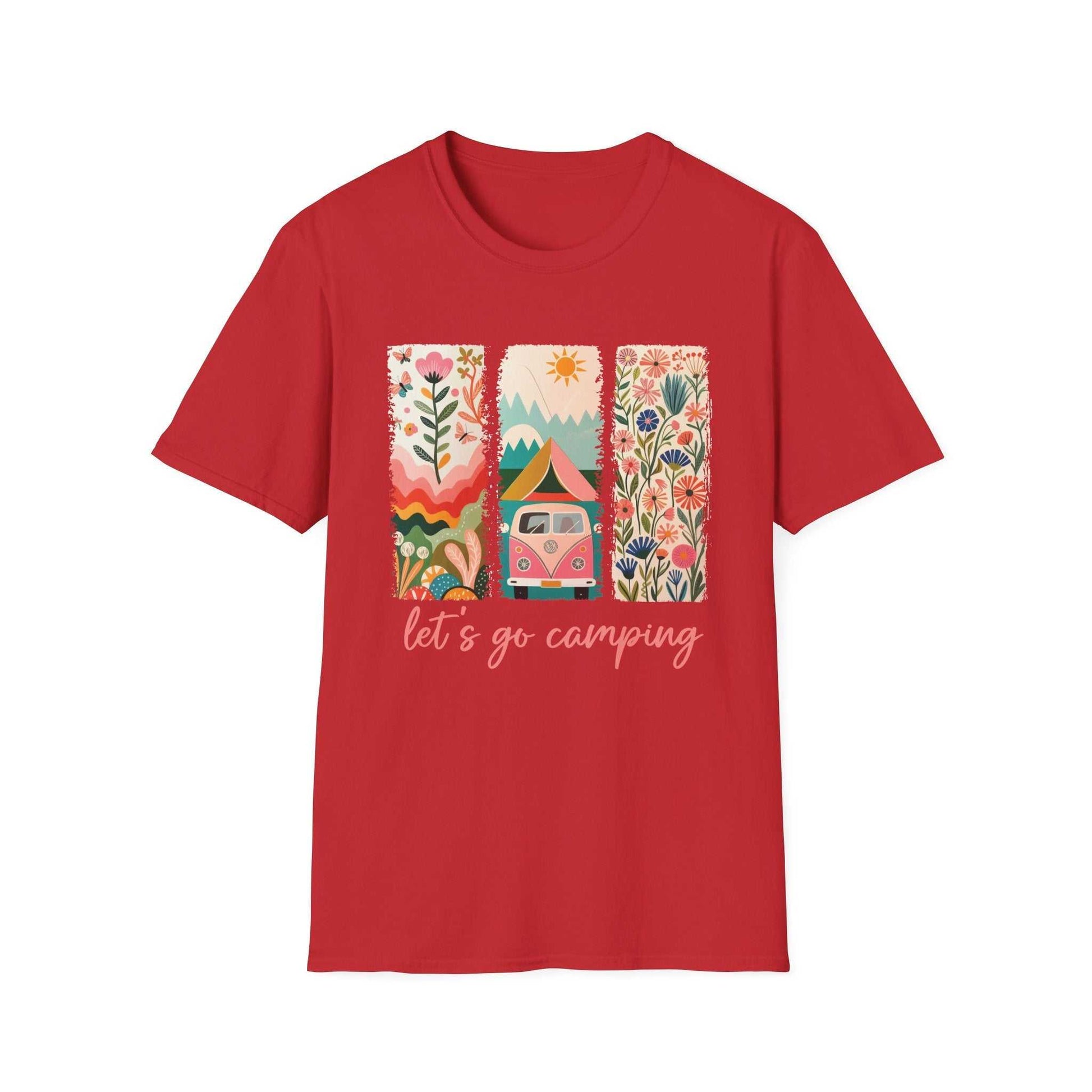 Red unisex softstyle t-shirt with colorful camping adventure design and "let's go camping" text.