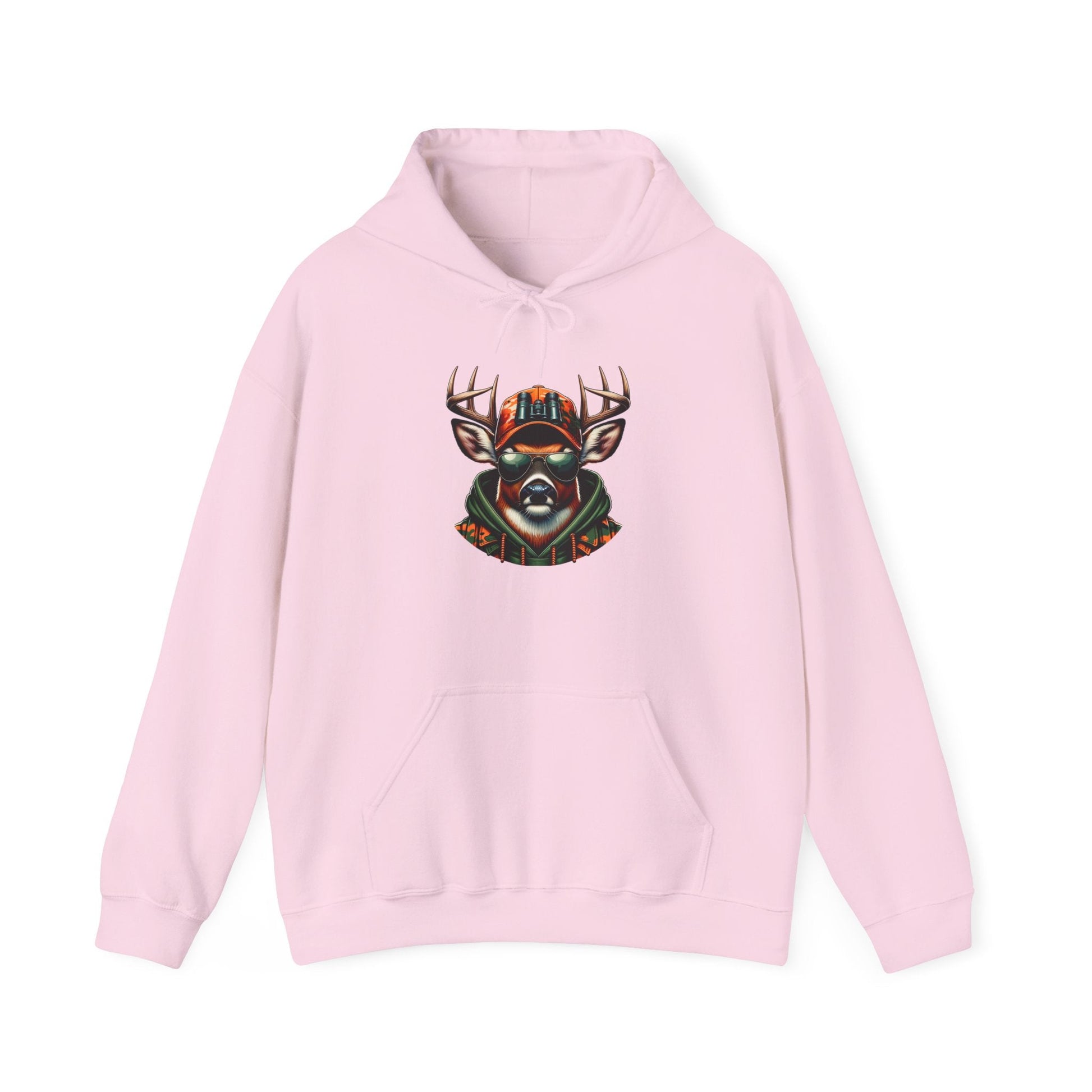 Pink hooded sweatshirt with bold graphic of a deer wearing a cap and sunglasses