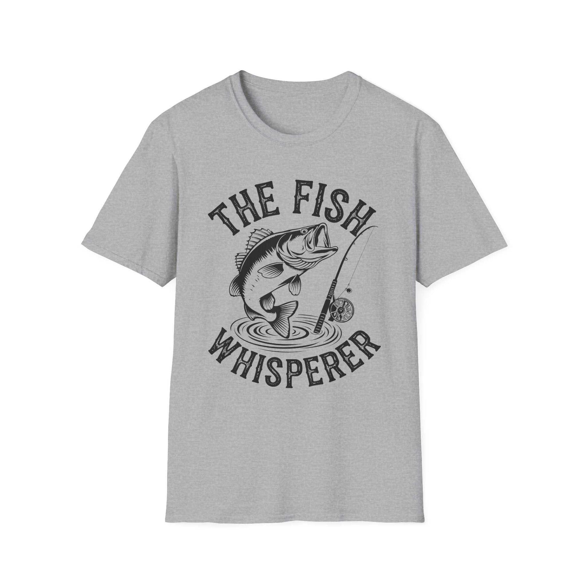 Gray unisex t-shirt with "The Fish Whisperer" graphic featuring a fish and fishing rod design