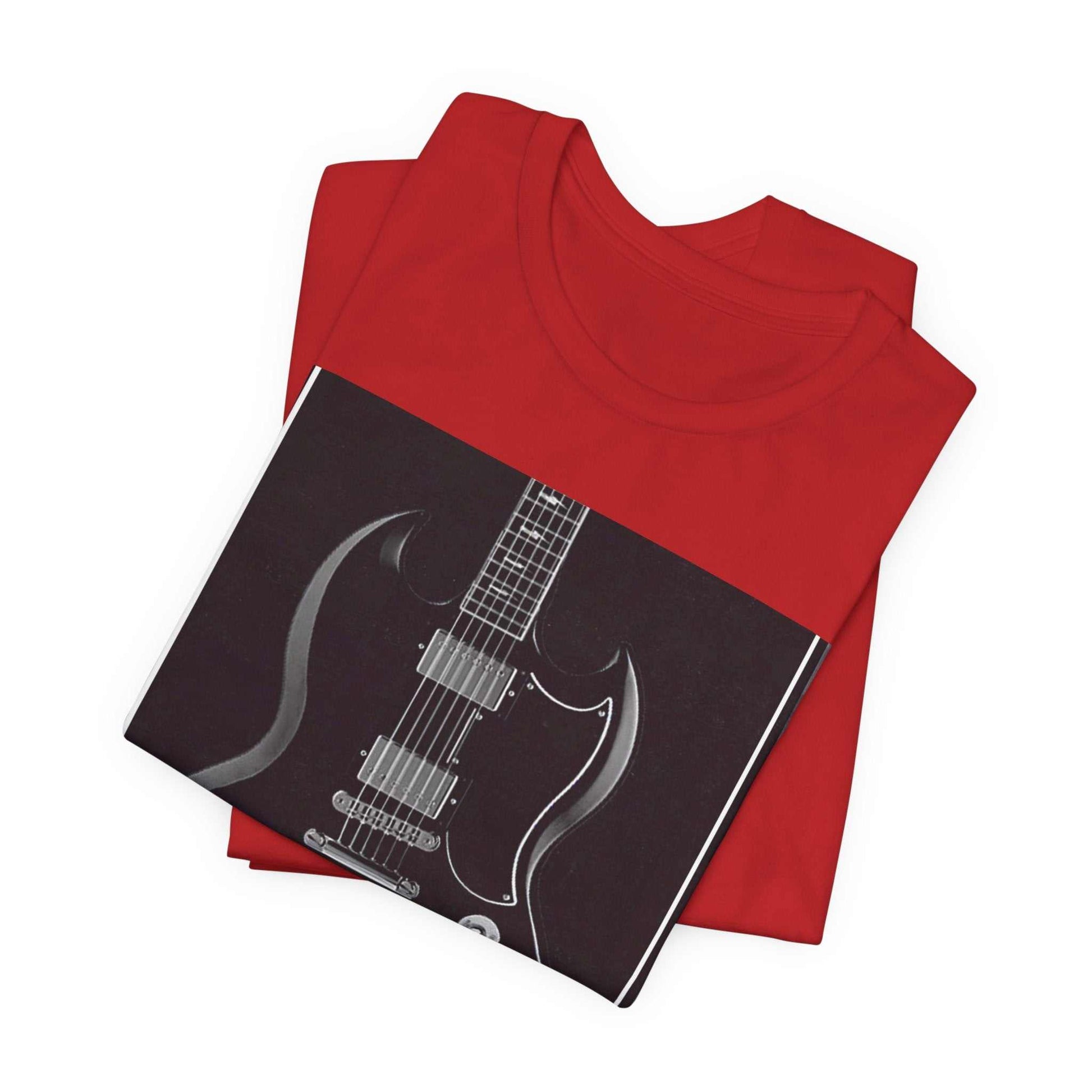 Red unisex jersey short sleeve t-shirt with black and white rock guitar graphic print.