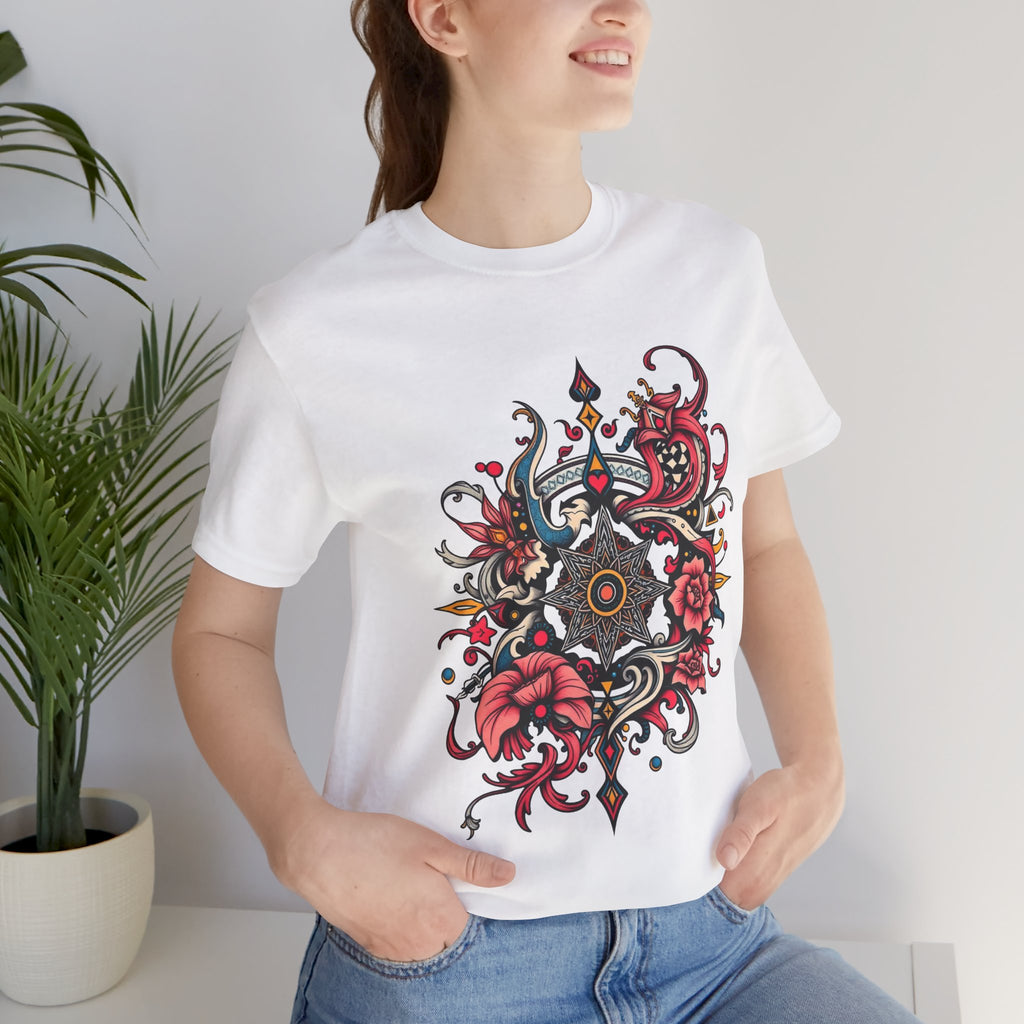 Vibrant tee with ornate red floral mandala design, offered in multiple bold color options