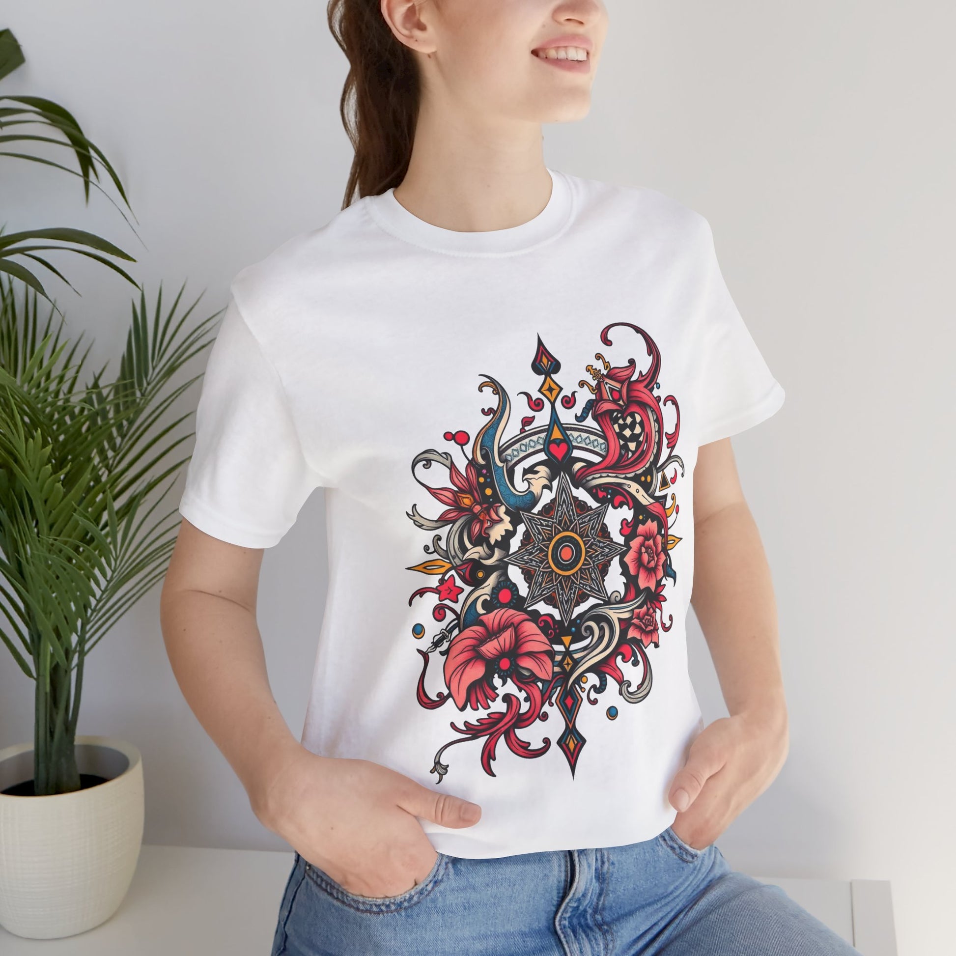 Vibrant tee with ornate red floral mandala design, offered in multiple bold color options