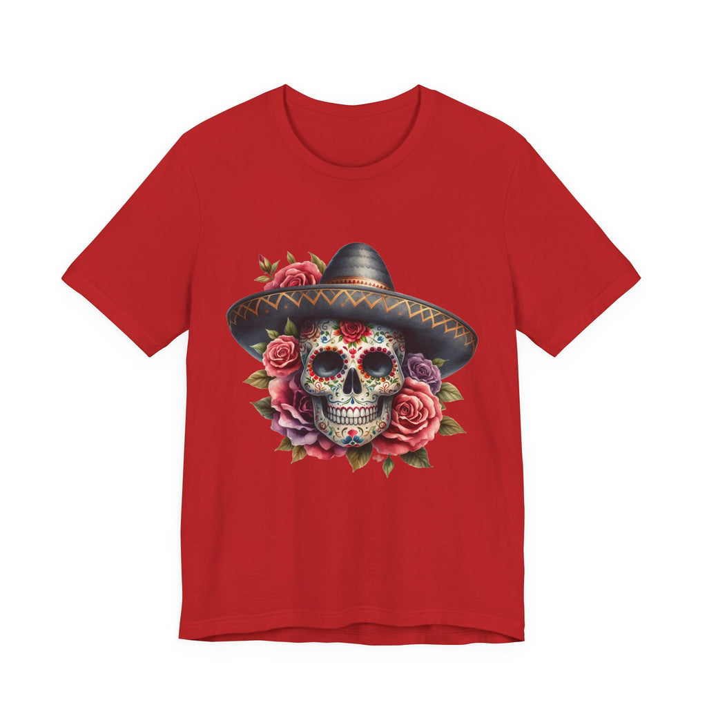 Colorful tee featuring a sugar skull in sombrero and roses for vibrant fiesta vibes