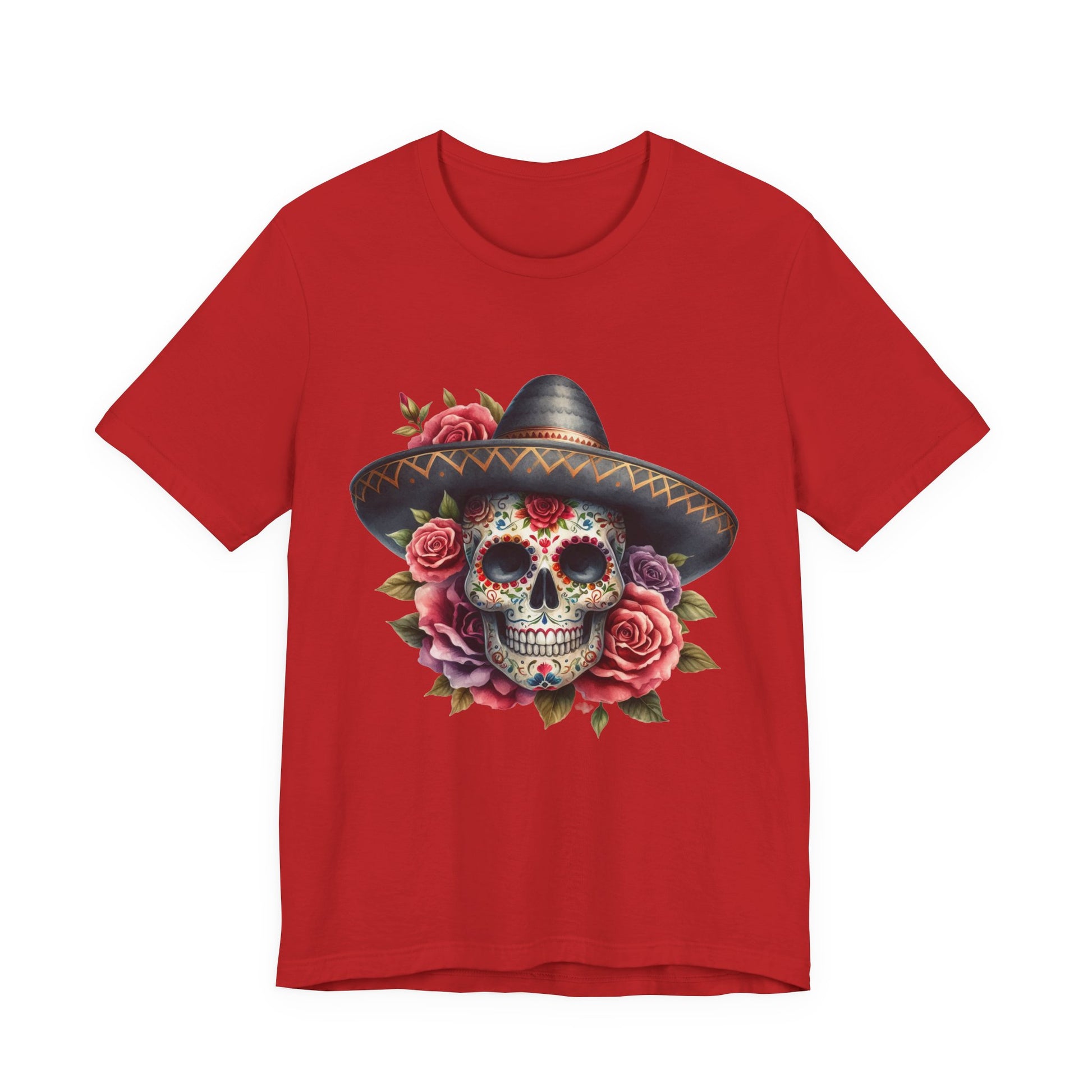 Colorful tee featuring a sugar skull in sombrero and roses for vibrant fiesta vibes
