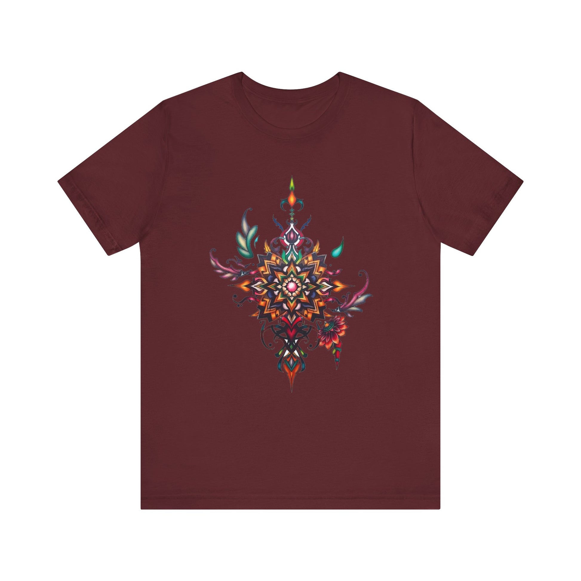Colorful tee with an ornate mandala and floral design, available in vibrant color options