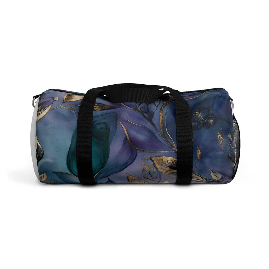 Elegant floral duffel bag with dark blue and purple design, black handles, and durable polyester Oxford canvas material