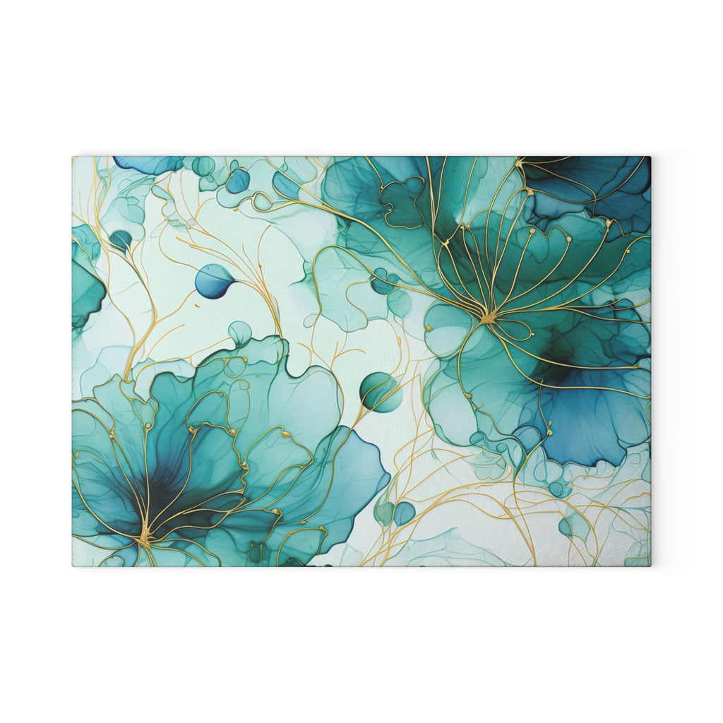Teal Floral Glass Cutting Board – Elegant Gold Line Art Kitchen Decor