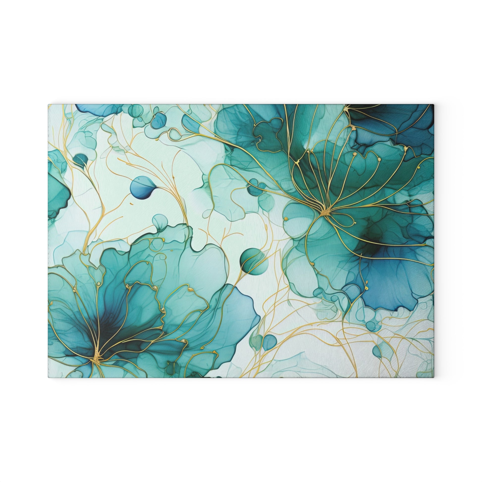 Teal Floral Glass Cutting Board – Elegant Gold Line Art Kitchen Decor