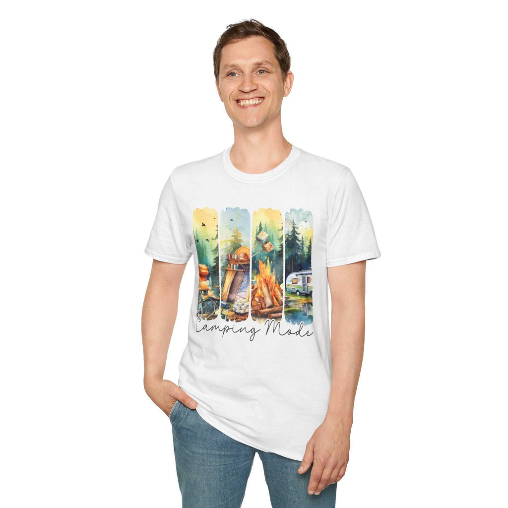 Man wearing white Camping Adventure Unisex T-Shirt with colorful camping scene graphic and text "Camping Mode"