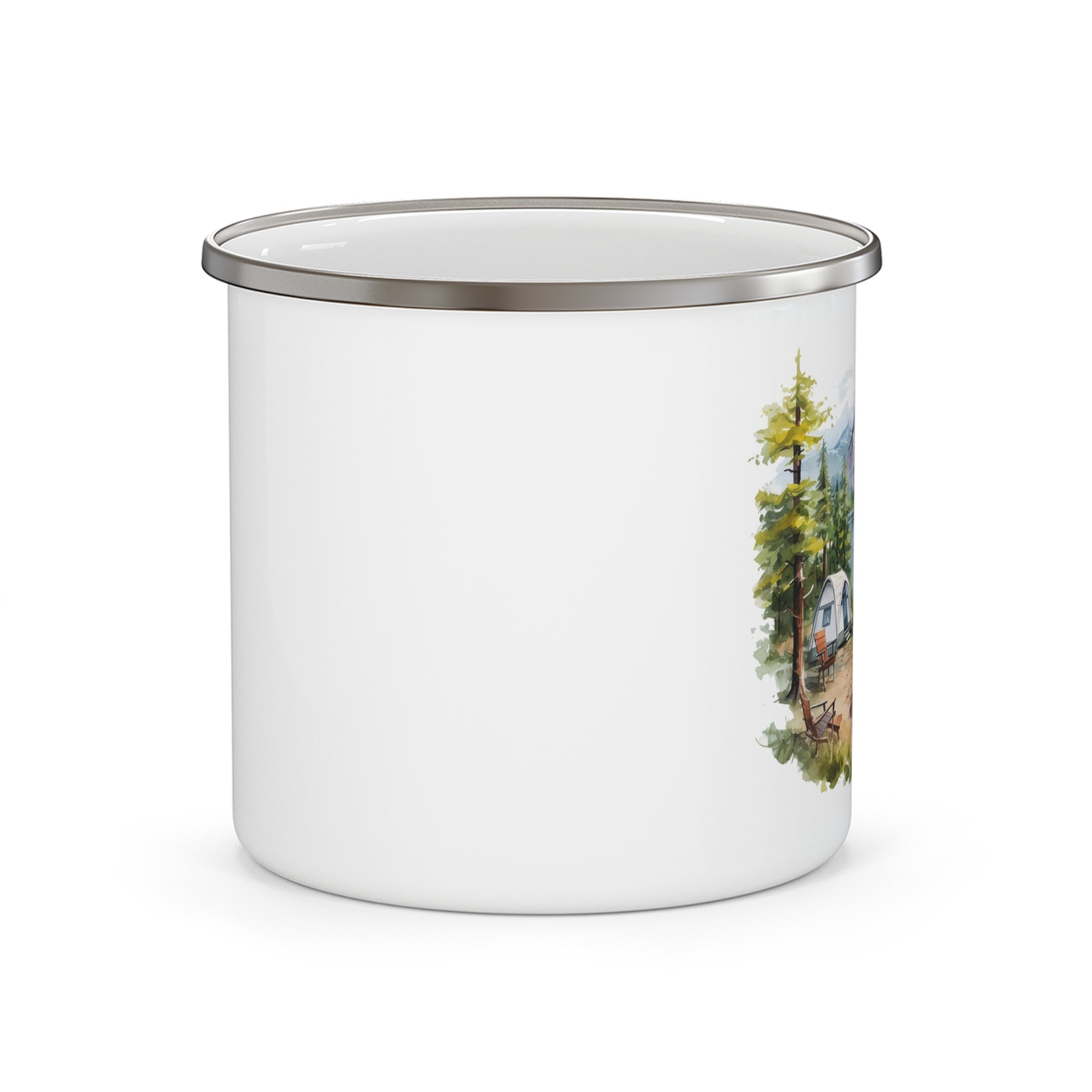 Lakefront Camping Enamel Mug with Mountains and A-Frame Tent Art
