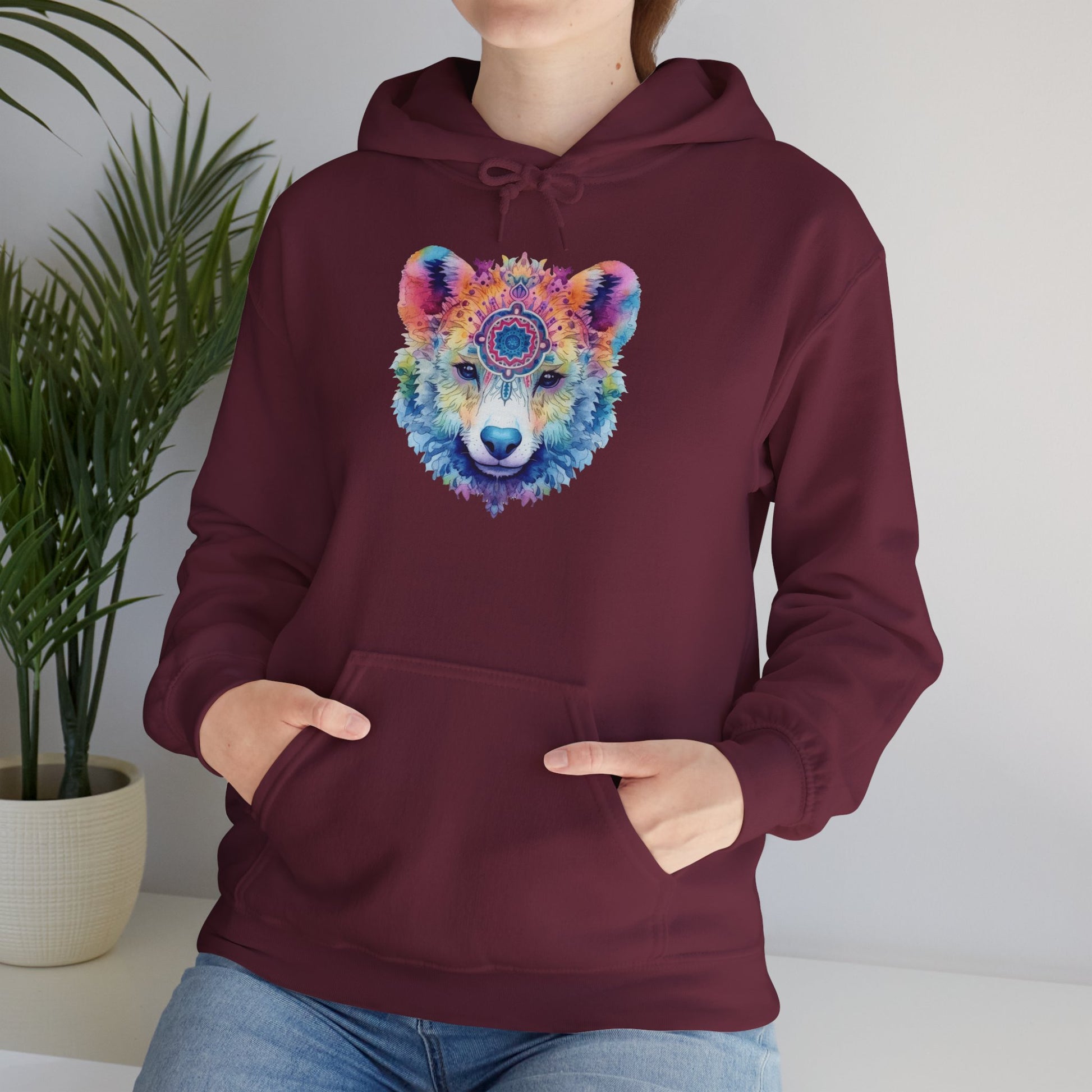 Mandala Bear Hoodie – Vibrant Watercolor Animal Art Sweatshirt for Bold, Free-Spirited Souls