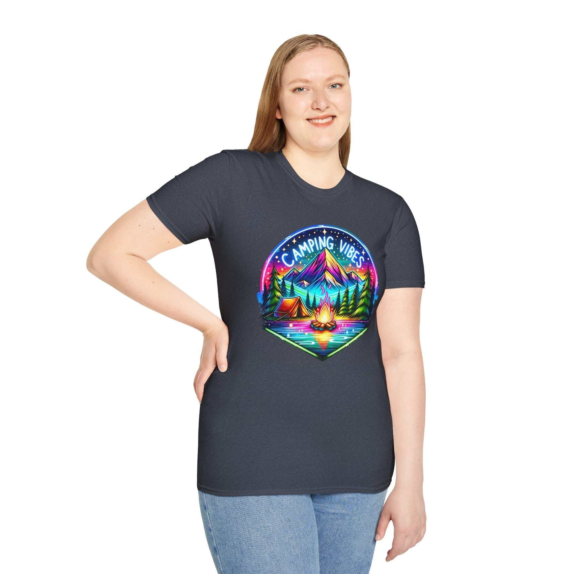 Camping Vibes Unisex black t-shirt with colorful mountain and campfire design worn by smiling woman