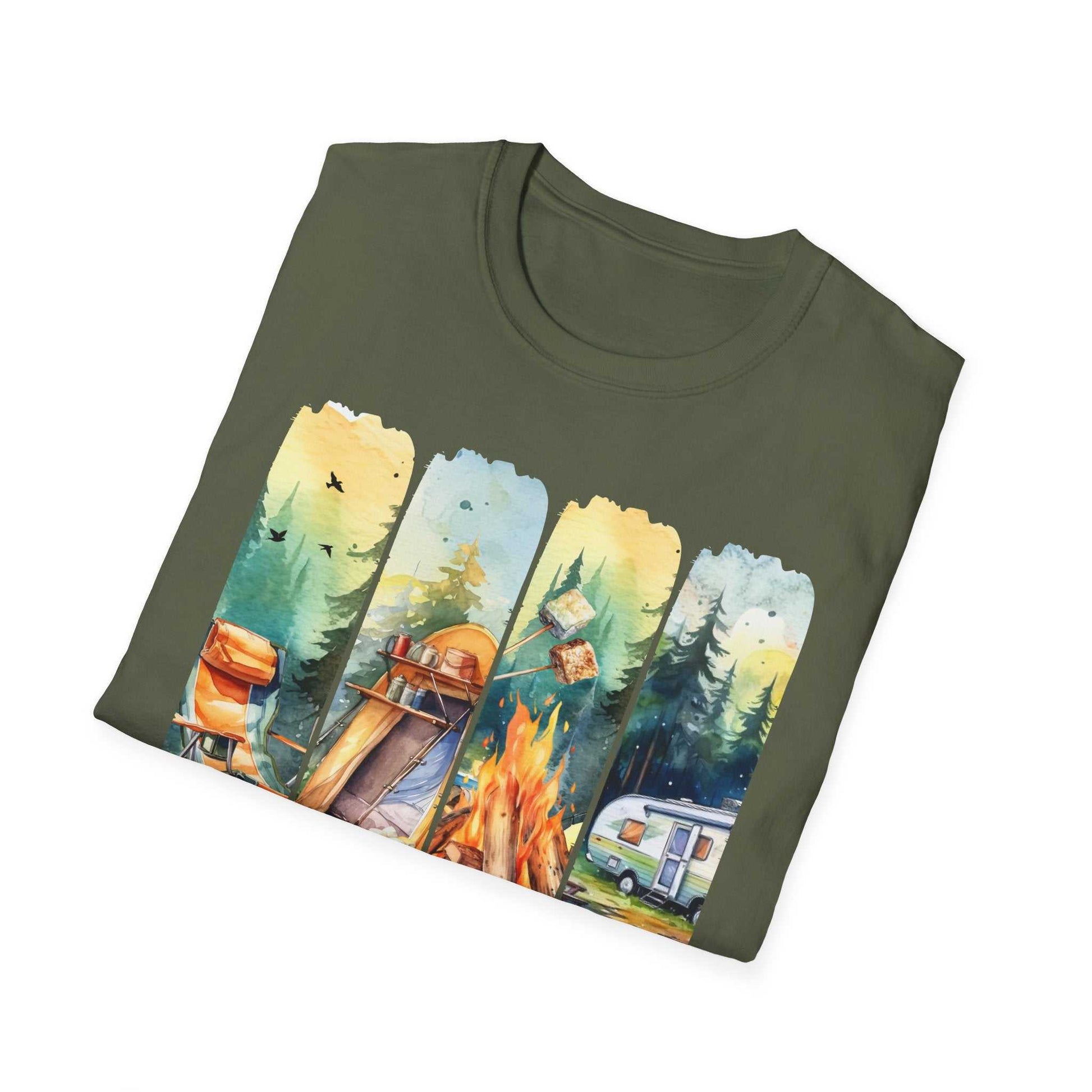 Camping Adventure Unisex T-Shirt with outdoor camping design on olive green fabric