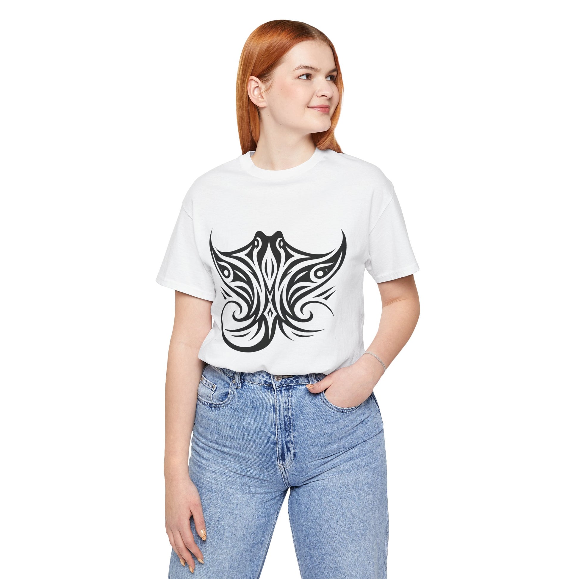 Tribal Manta Ray Tee – Bold Ocean Spirit Art on Sand-Colored Shirt
